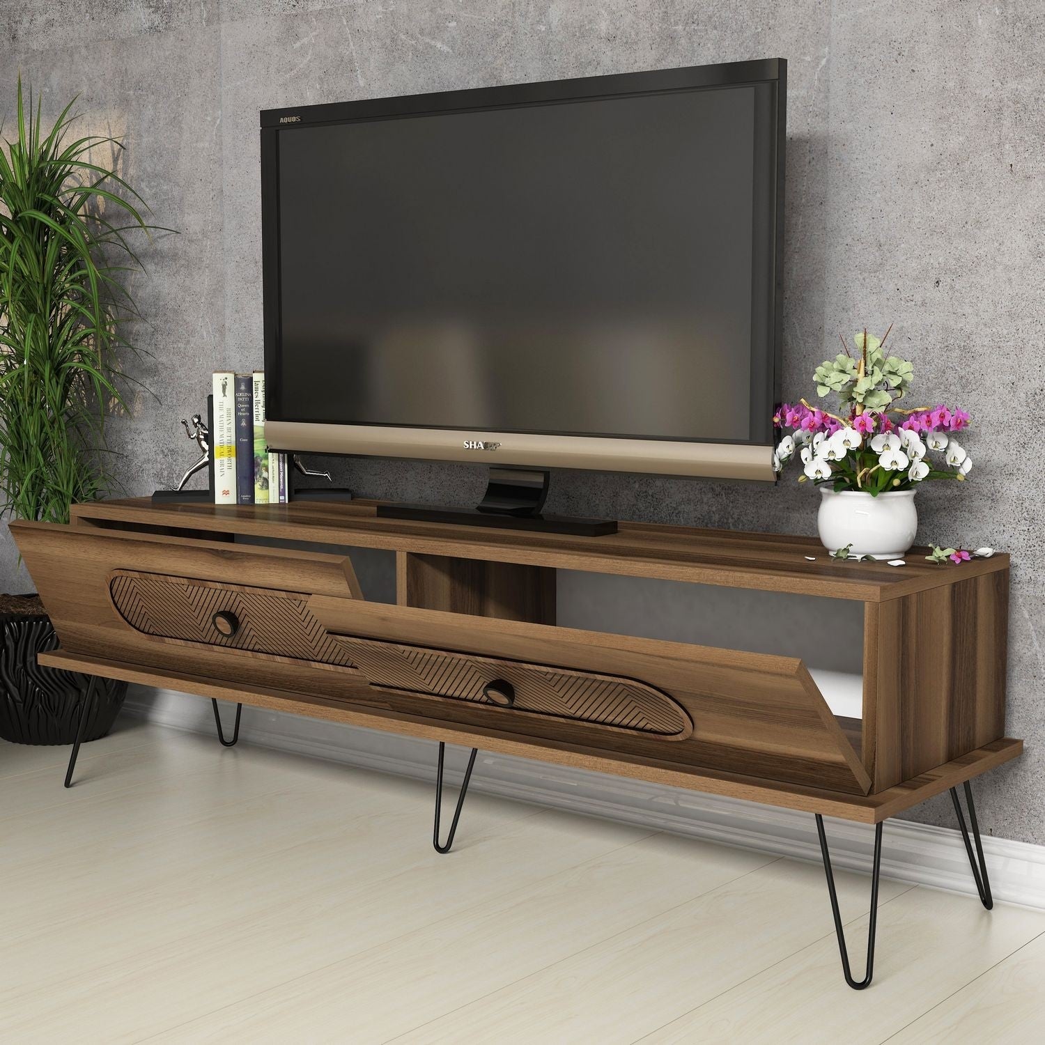 Suporte de TV moderno com pés de metal, acabamento em nogueira, 145 x 45 x 40 cm | 100% revestido em melamina, 18 mm de espessura, montável na parede, design Chevron elegante