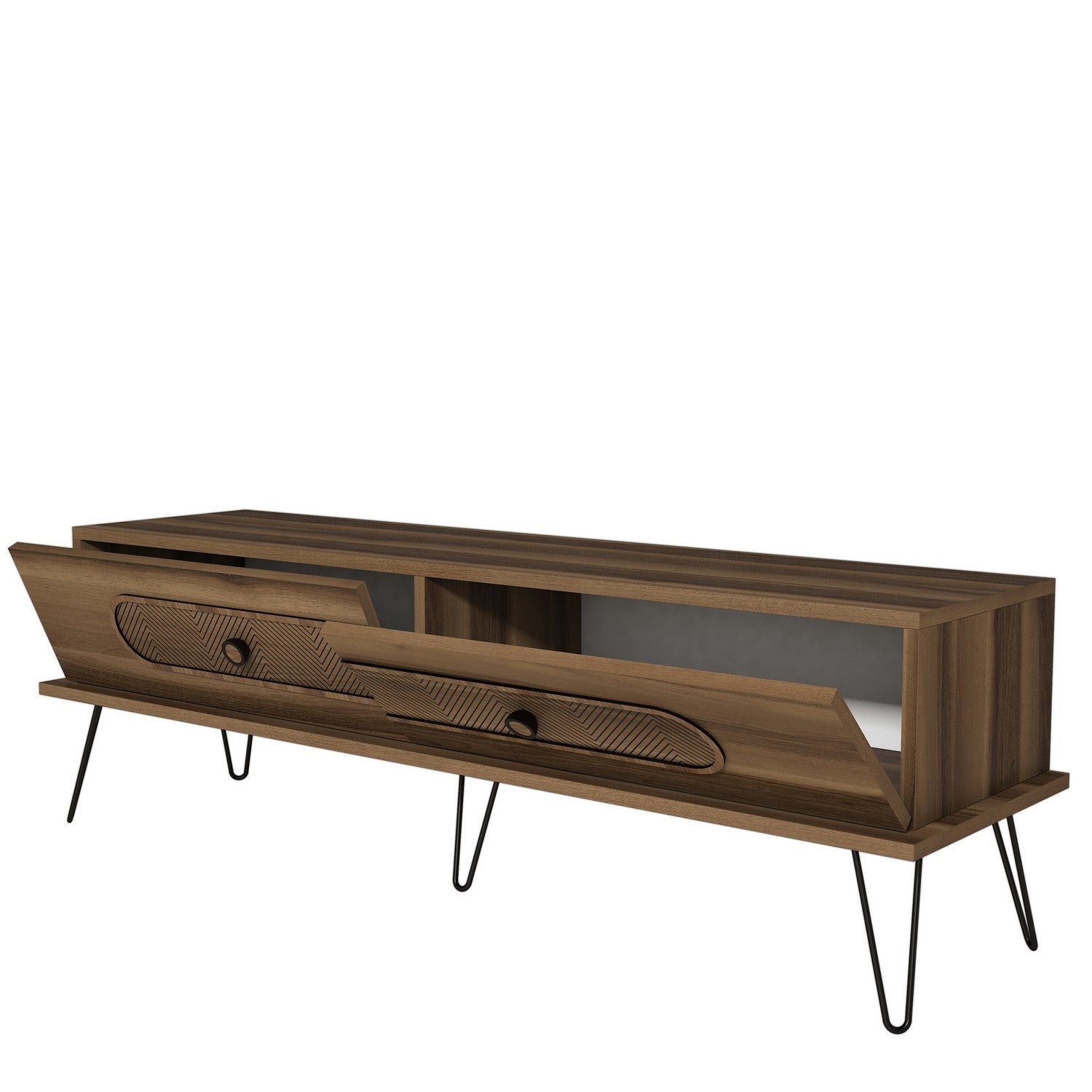 Suporte de TV moderno com pés de metal, acabamento em nogueira, 145 x 45 x 40 cm | 100% revestido em melamina, 18 mm de espessura, montável na parede, design Chevron elegante