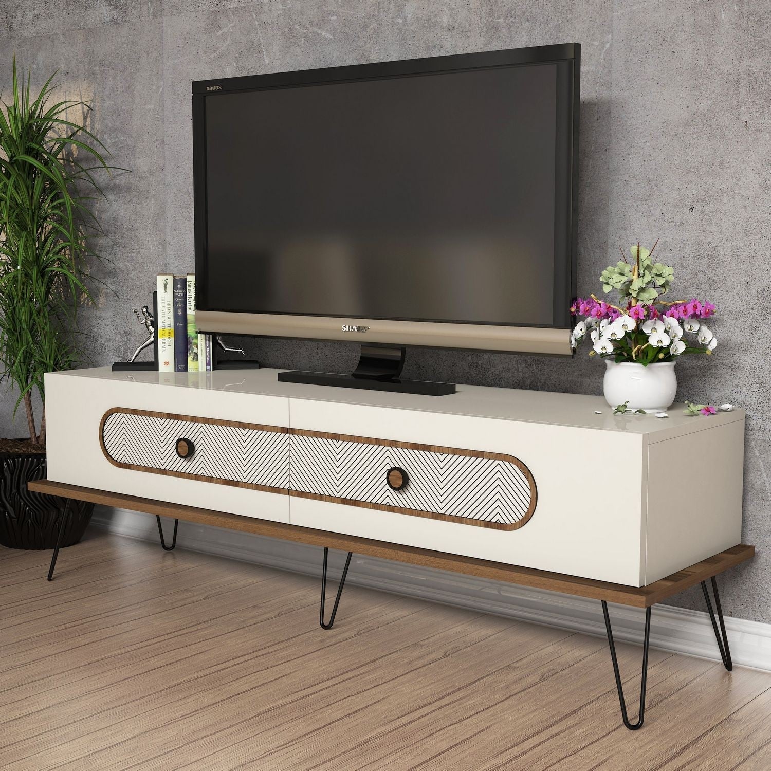 Suporte de TV moderno com pés de metal, cor creme, 145 x 45 x 40 cm | Painel de partículas 100% revestido de melamina, 18 mm de espessura | Montável na parede, design Chevron elegante