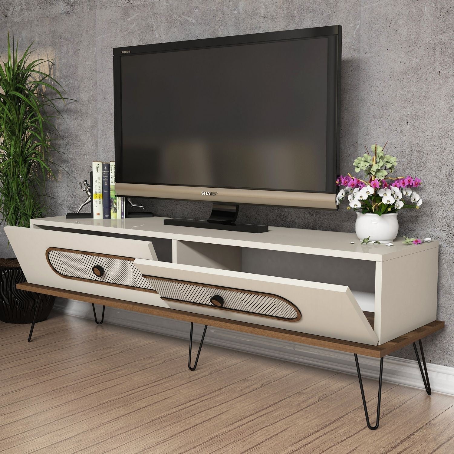 Suporte de TV moderno com pés de metal, cor creme, 145 x 45 x 40 cm | Painel de partículas 100% revestido de melamina, 18 mm de espessura | Montável na parede, design Chevron elegante