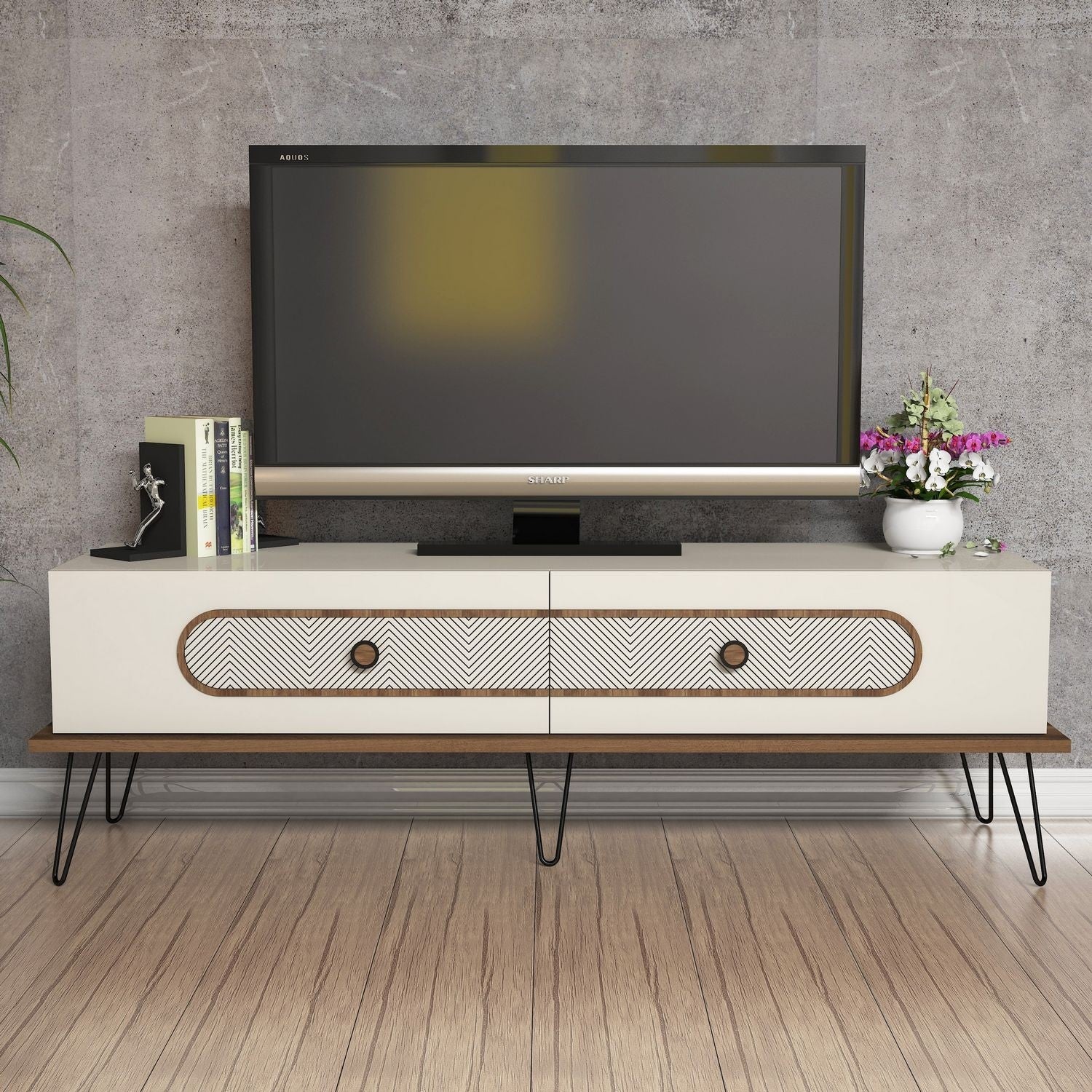 Suporte de TV moderno com pés de metal, cor creme, 145 x 45 x 40 cm | Painel de partículas 100% revestido de melamina, 18 mm de espessura | Montável na parede, design Chevron elegante