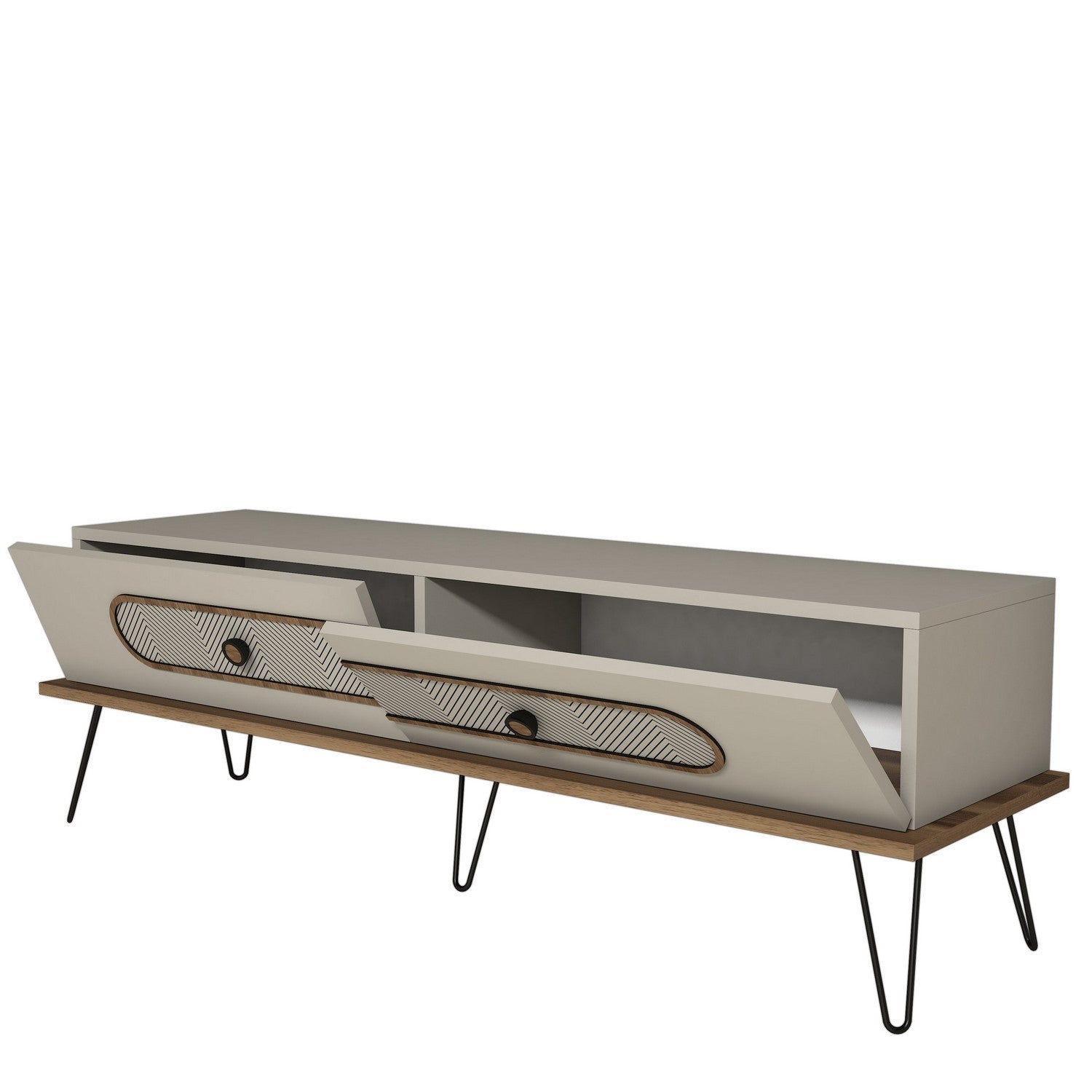 Suporte de TV moderno com pés de metal, cor creme, 145 x 45 x 40 cm | Painel de partículas 100% revestido de melamina, 18 mm de espessura | Montável na parede, design Chevron elegante