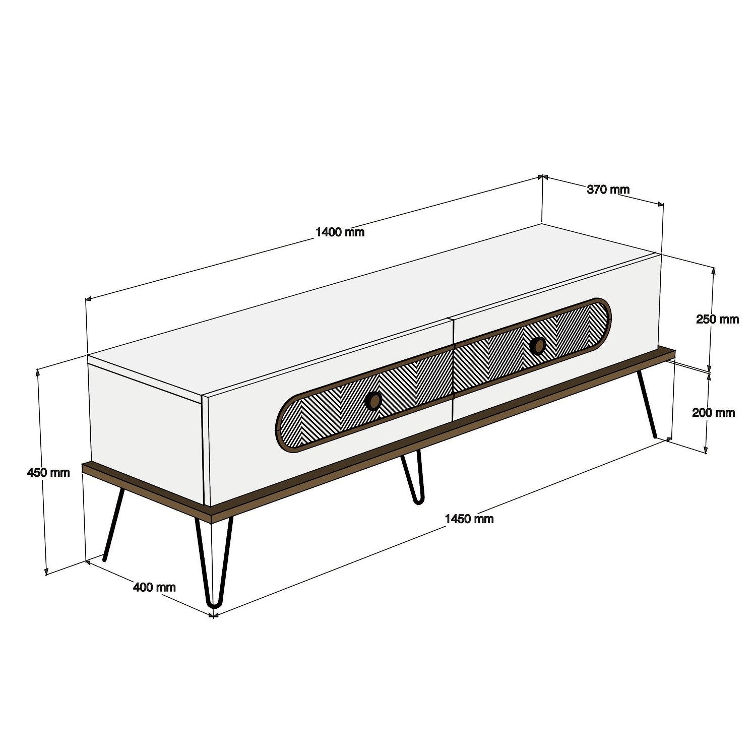 Suporte de TV moderno com pés de metal, cor creme, 145 x 45 x 40 cm | Painel de partículas 100% revestido de melamina, 18 mm de espessura | Montável na parede, design Chevron elegante
