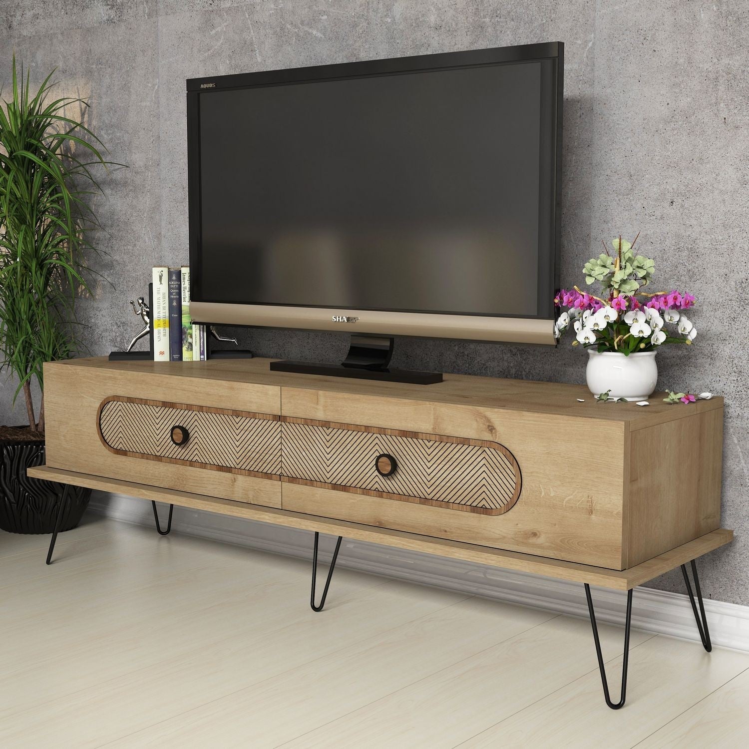 Suporte de TV moderno com pernas de metal, acabamento em carvalho, 145 x 45 x 40 cm | 100% revestido em melamina, 18 mm de espessura, para montagem na parede, design Chevron elegante