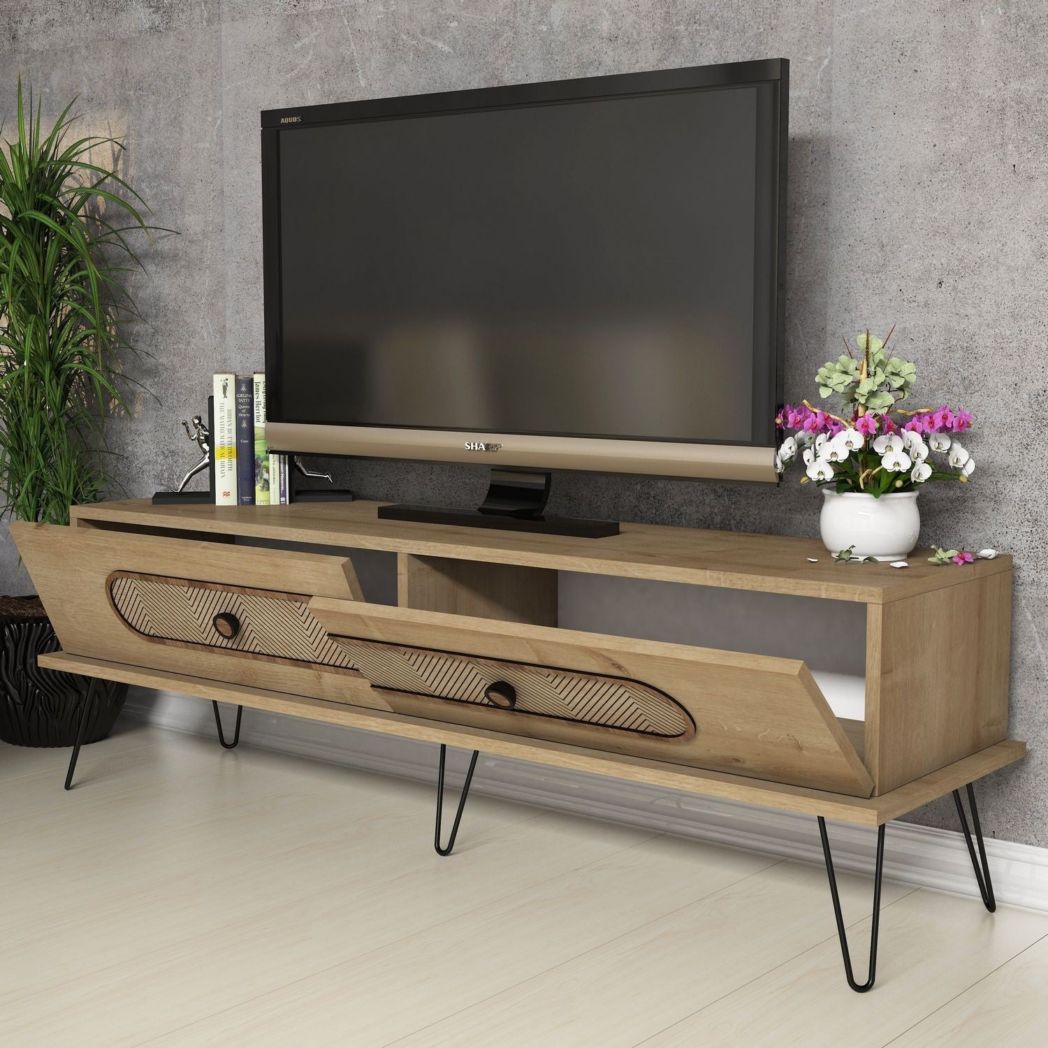 Suporte de TV moderno com pernas de metal, acabamento em carvalho, 145 x 45 x 40 cm | 100% revestido em melamina, 18 mm de espessura, para montagem na parede, design Chevron elegante