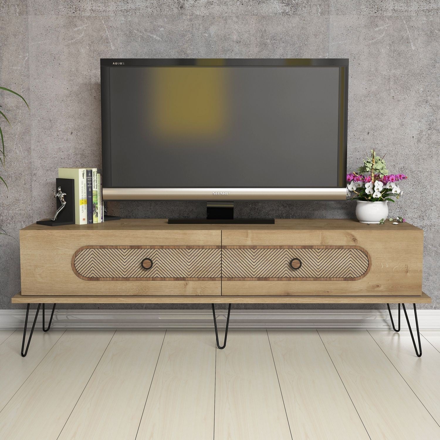 Suporte de TV moderno com pernas de metal, acabamento em carvalho, 145 x 45 x 40 cm | 100% revestido em melamina, 18 mm de espessura, para montagem na parede, design Chevron elegante