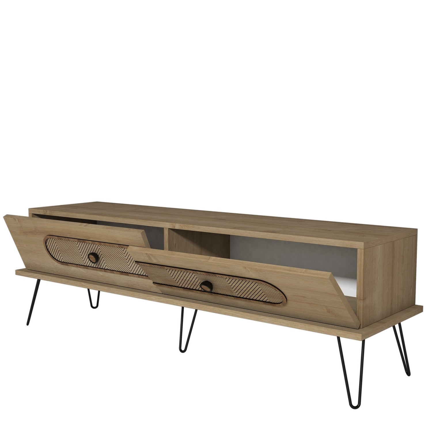 Suporte de TV moderno com pernas de metal, acabamento em carvalho, 145 x 45 x 40 cm | 100% revestido em melamina, 18 mm de espessura, para montagem na parede, design Chevron elegante
