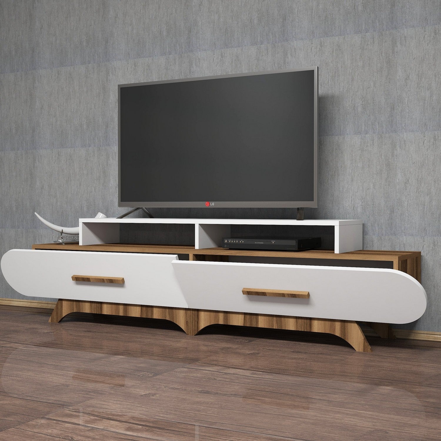 Suporte de TV moderno com opção de montagem na parede, nogueira e branco, 205 x 50 x 36,8 cm | 100% revestido em melamina, 18 mm de espessura | Design elegante e funcional com várias prateleiras