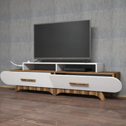 Suporte de TV moderno com opção de montagem na parede, nogueira e branco, 205 x 50 x 36,8 cm | 100% revestido em melamina, 18 mm de espessura | Design elegante e funcional com várias prateleiras