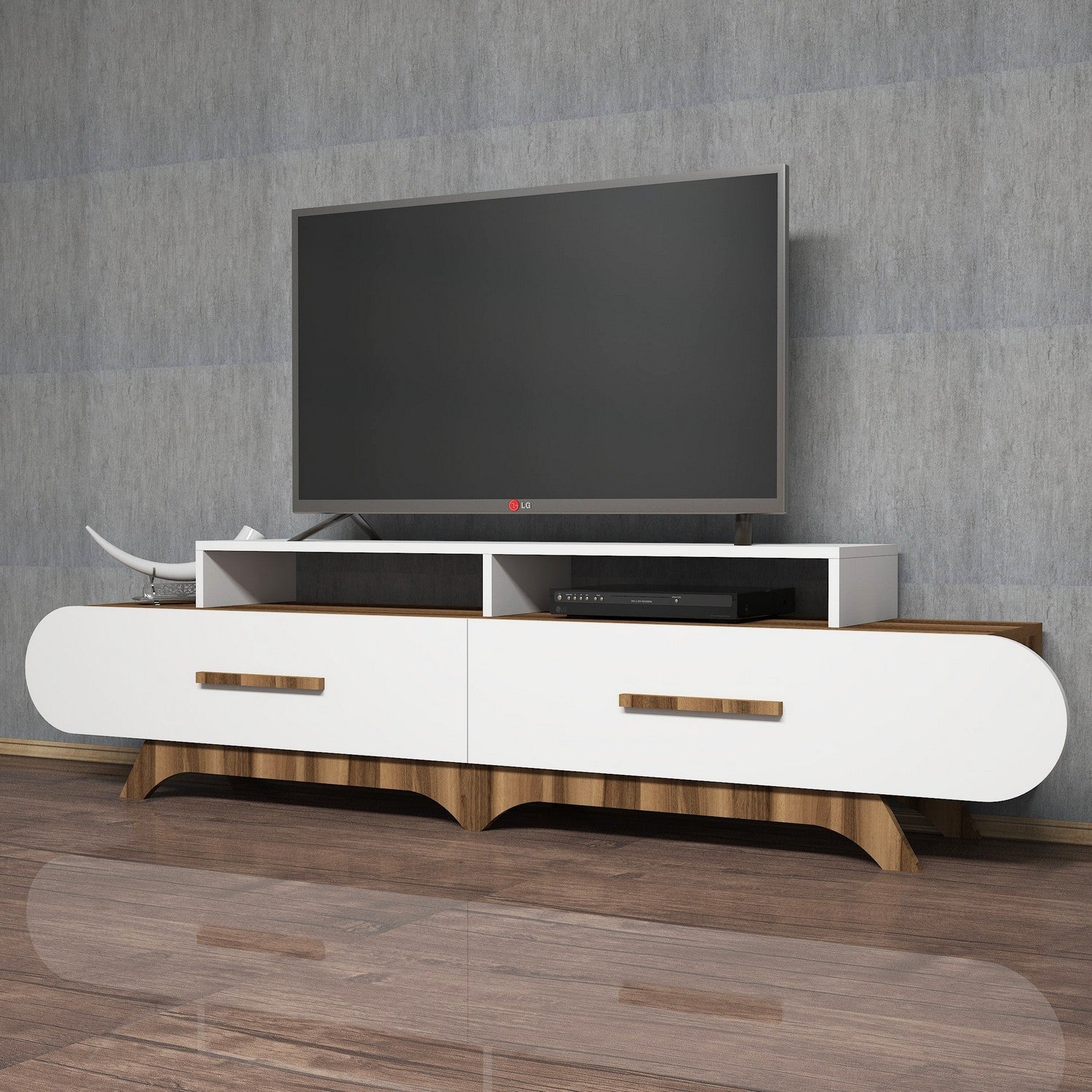 Suporte de TV moderno com opção de montagem na parede, nogueira e branco, 205 x 50 x 36,8 cm | 100% revestido em melamina, 18 mm de espessura | Design elegante e funcional com várias prateleiras