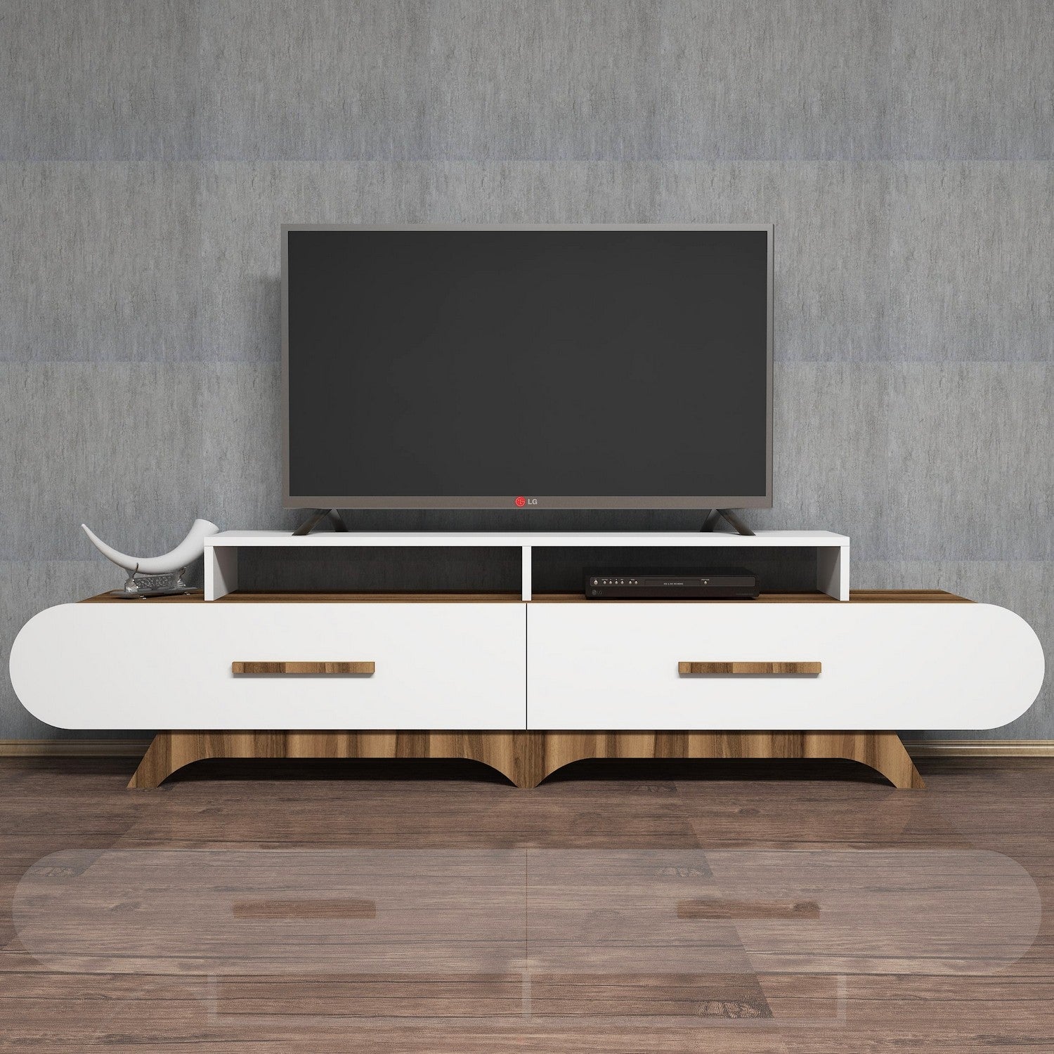 Suporte de TV moderno com opção de montagem na parede, nogueira e branco, 205 x 50 x 36,8 cm | 100% revestido em melamina, 18 mm de espessura | Design elegante e funcional com várias prateleiras