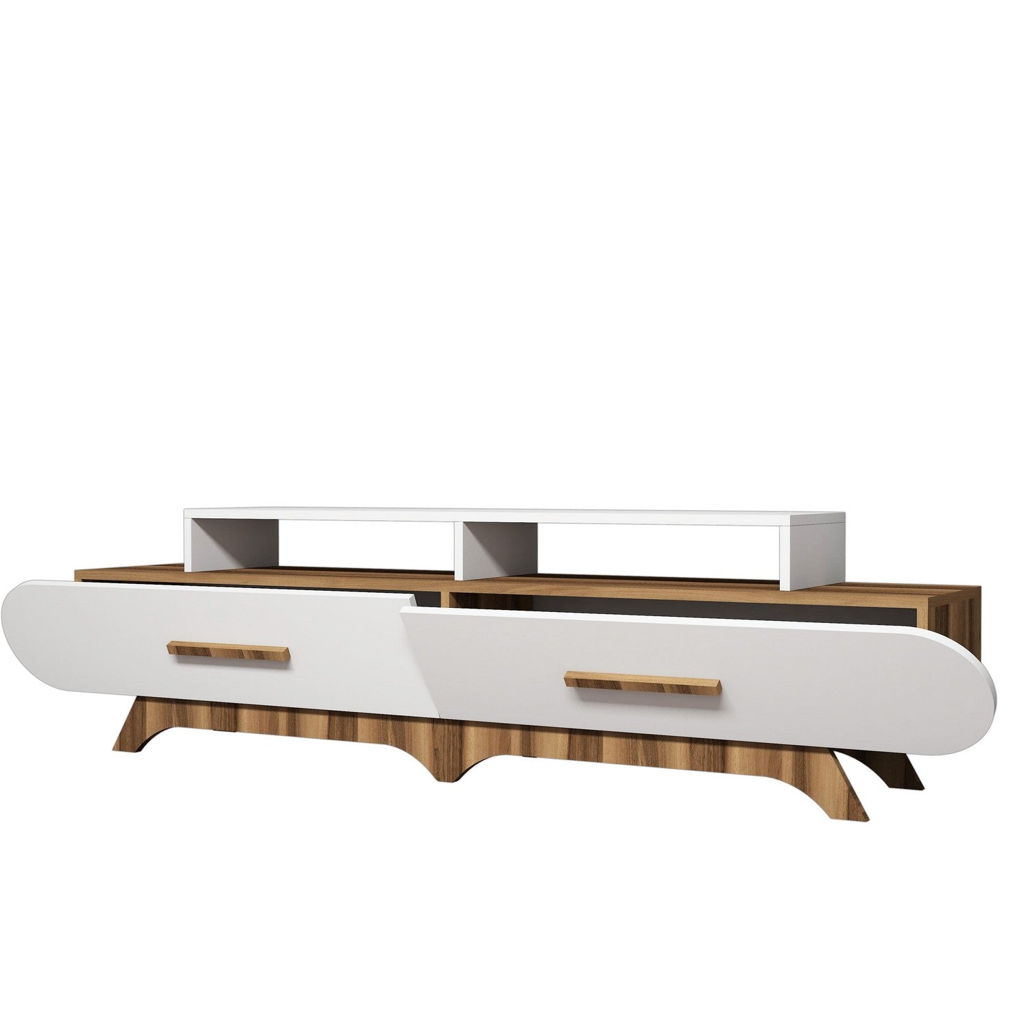 Suporte de TV moderno com opção de montagem na parede, nogueira e branco, 205 x 50 x 36,8 cm | 100% revestido em melamina, 18 mm de espessura | Design elegante e funcional com várias prateleiras