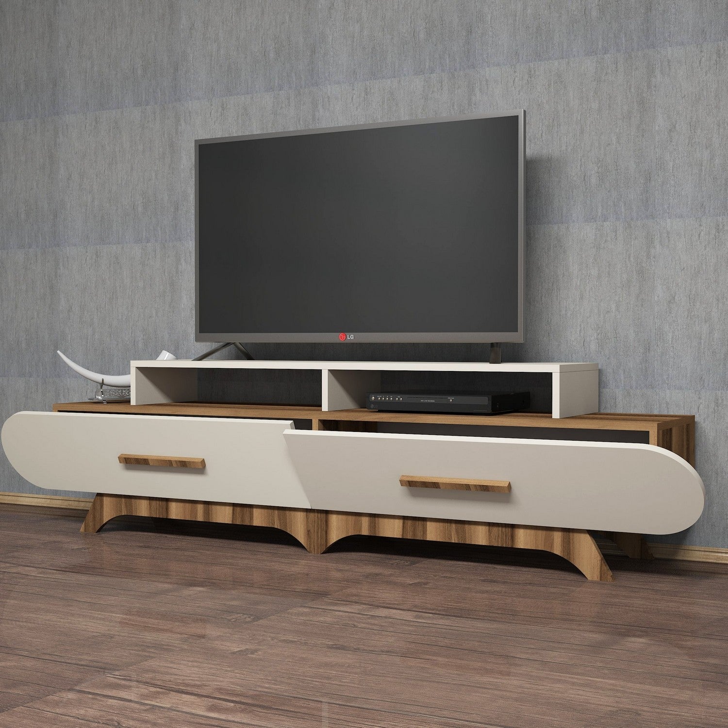Suporte de TV moderno com opção de montagem na parede, nogueira e creme, 205 x 50 x 36,8 cm | 100% revestido em melamina, 18 mm de espessura | Design elegante e funcional com várias prateleiras