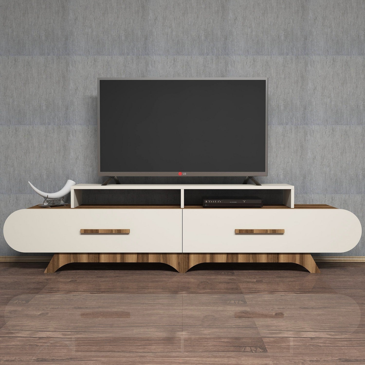 Suporte de TV moderno com opção de montagem na parede, nogueira e creme, 205 x 50 x 36,8 cm | 100% revestido em melamina, 18 mm de espessura | Design elegante e funcional com várias prateleiras