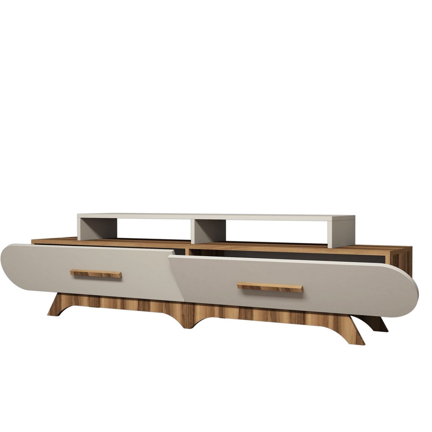 Suporte de TV moderno com opção de montagem na parede, nogueira e creme, 205 x 50 x 36,8 cm | 100% revestido em melamina, 18 mm de espessura | Design elegante e funcional com várias prateleiras