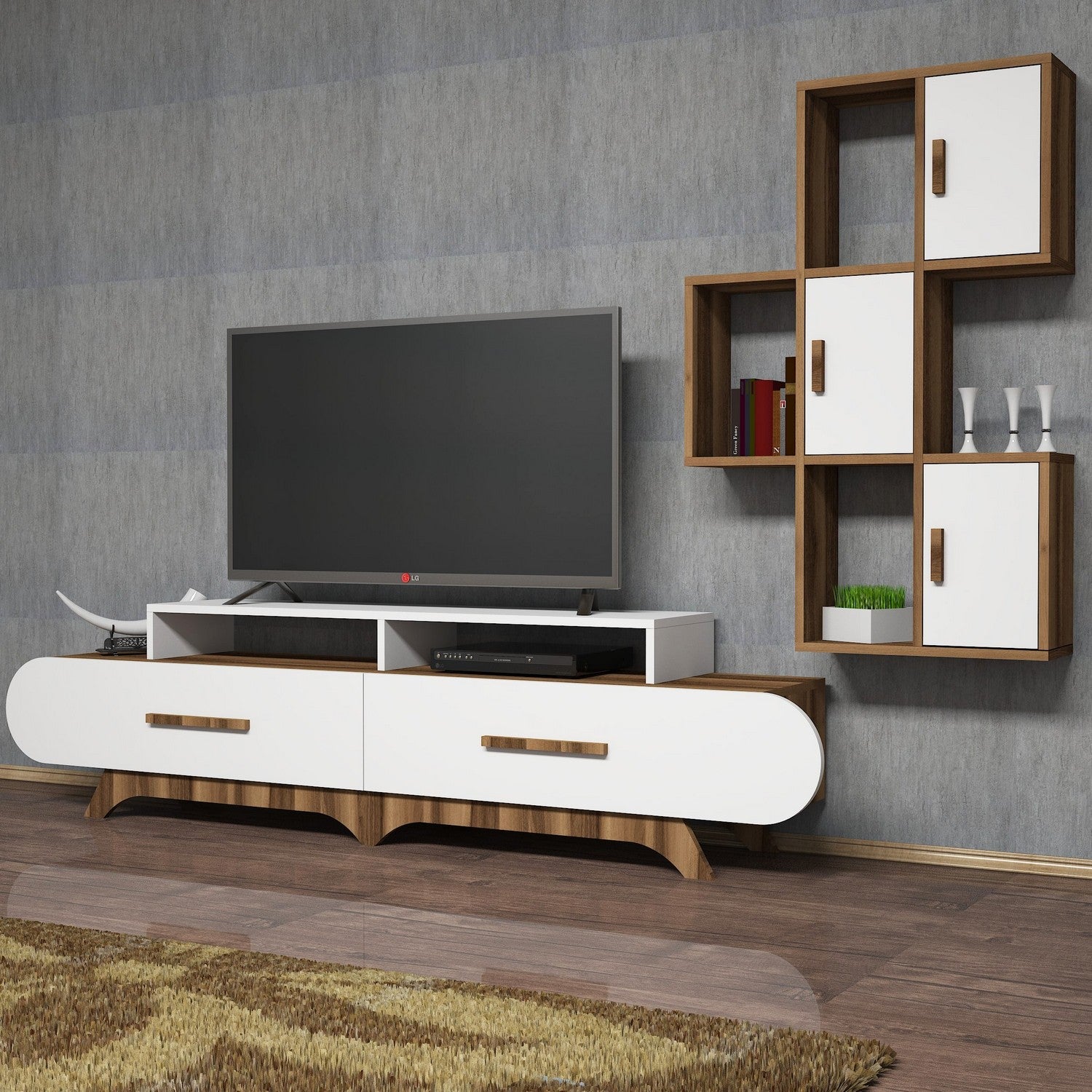 Móvel de TV moderno com prateleira de parede, nogueira e branco, 205 cm | Painel de partículas 100% revestido de melamina, 18 mm de espessura | Design elegante com várias prateleiras