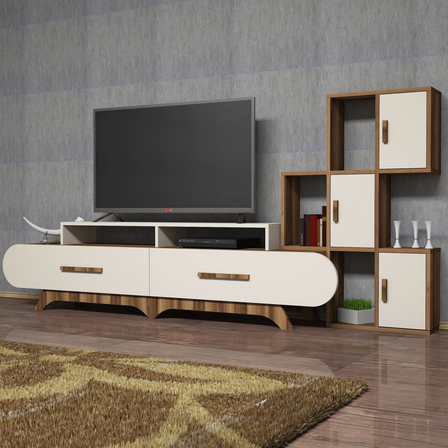 Móvel de TV moderno com prateleira de parede, nogueira e creme, 205 x 50 x 36,8 cm | 100% revestido em melamina, 18 mm de espessura | Design elegante com várias prateleiras