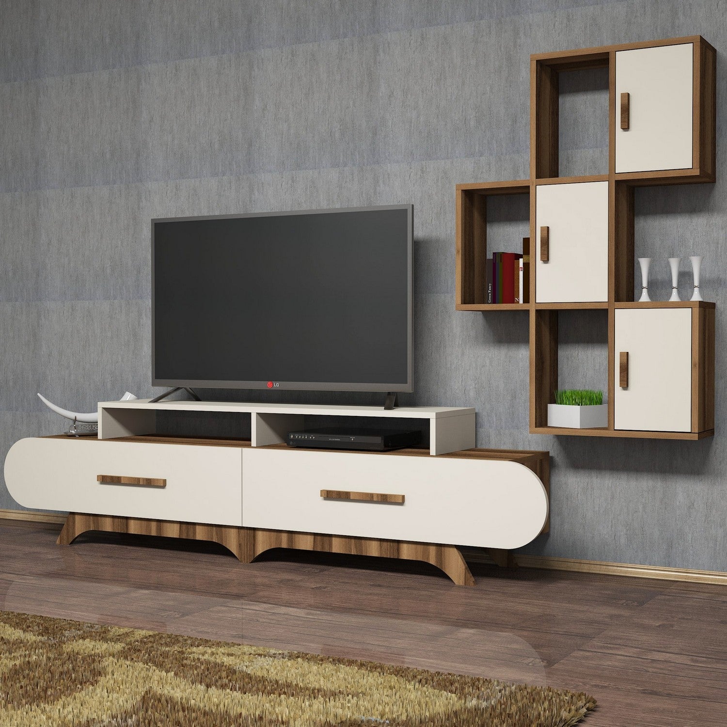 Móvel de TV moderno com prateleira de parede, nogueira e creme, 205 x 50 x 36,8 cm | 100% revestido em melamina, 18 mm de espessura | Design elegante com várias prateleiras