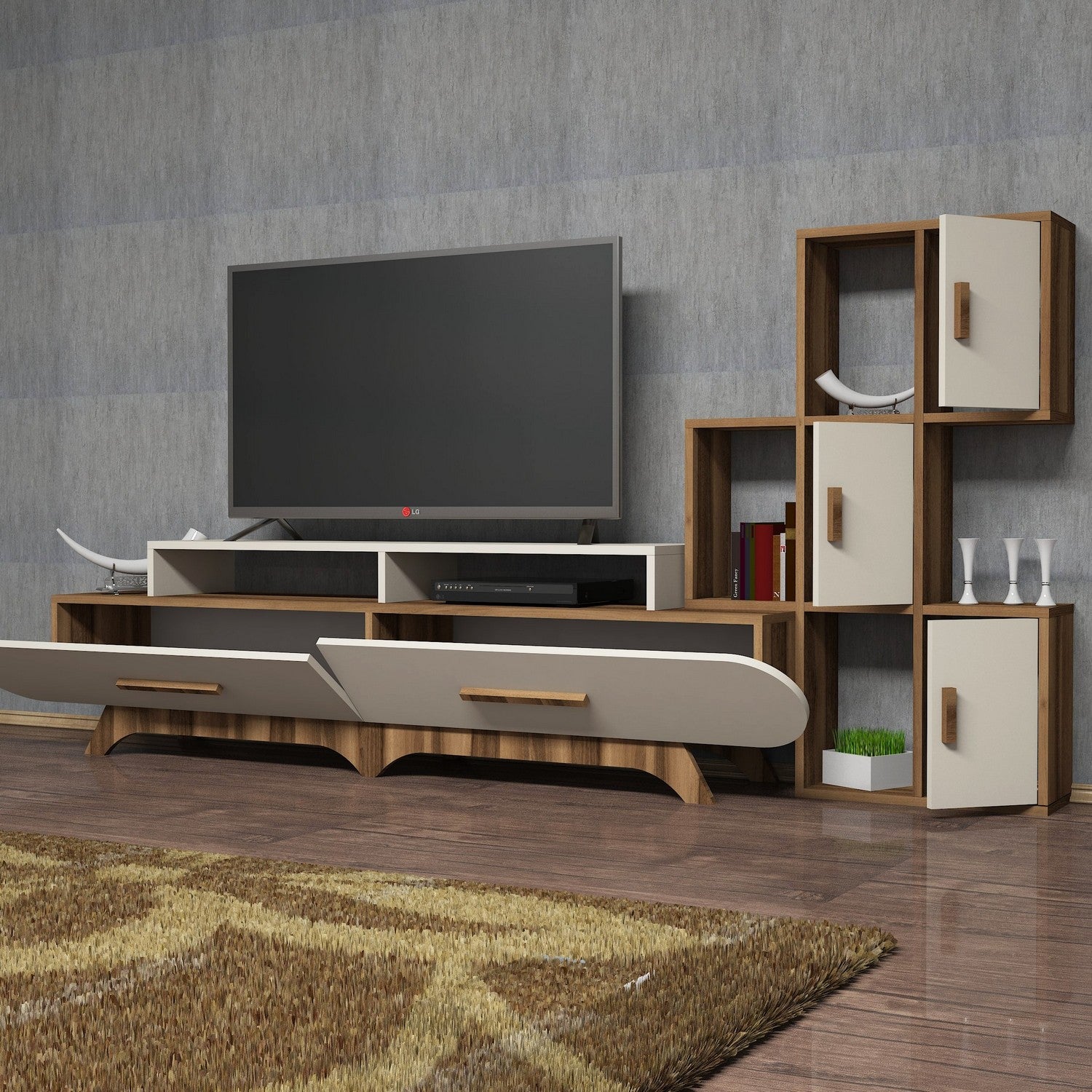 Móvel de TV moderno com prateleira de parede, nogueira e creme, 205 x 50 x 36,8 cm | 100% revestido em melamina, 18 mm de espessura | Design elegante com várias prateleiras