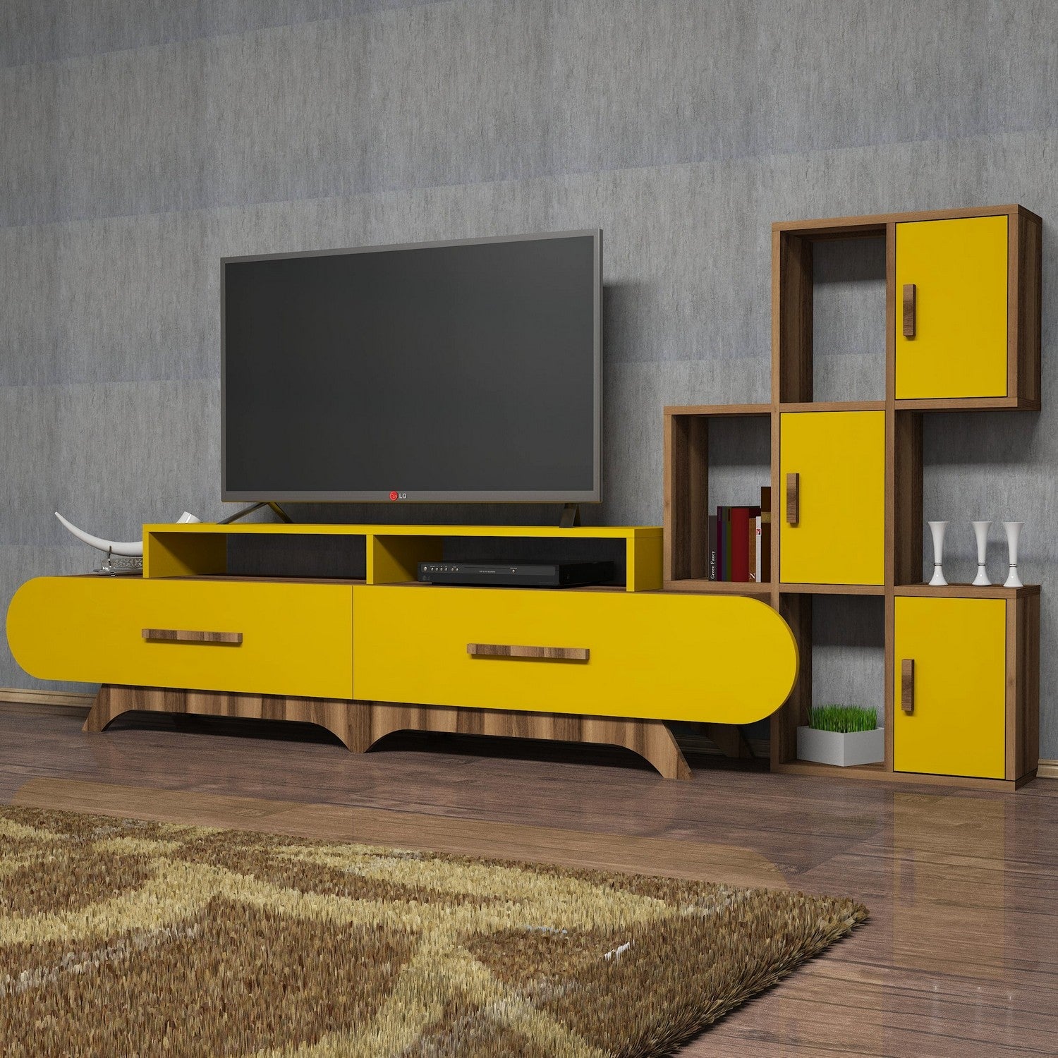 Móvel de TV boêmio elegante, nogueira e amarelo, 205 x 50 x 36,8 cm | 100% revestido em melamina, 18 mm de espessura | Montável na parede com várias prateleiras