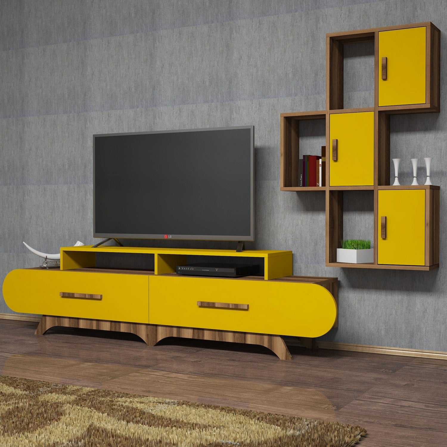 Móvel de TV boêmio elegante, nogueira e amarelo, 205 x 50 x 36,8 cm | 100% revestido em melamina, 18 mm de espessura | Montável na parede com várias prateleiras