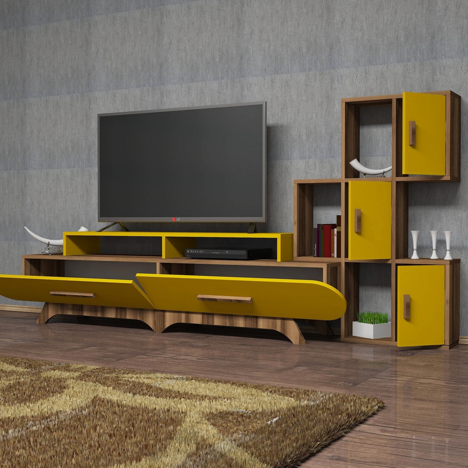 Móvel de TV boêmio elegante, nogueira e amarelo, 205 x 50 x 36,8 cm | 100% revestido em melamina, 18 mm de espessura | Montável na parede com várias prateleiras
