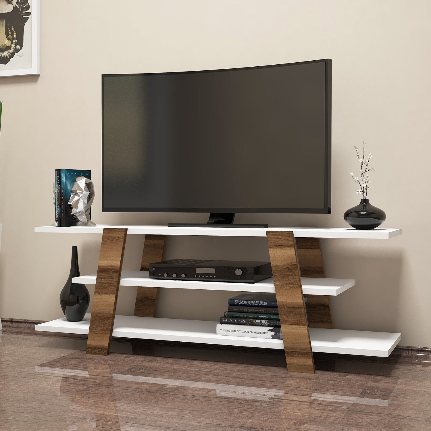 Suporte de TV moderno com opção de montagem na parede, nogueira e branco, 120 cm x 42 cm x 33,6 cm | 100% revestido em melamina, 18 mm de espessura, várias prateleiras para armazenamento com estilo