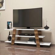 Suporte de TV moderno com opção de montagem na parede, nogueira e branco, 120 cm x 42 cm x 33,6 cm | 100% revestido em melamina, 18 mm de espessura, várias prateleiras para armazenamento com estilo