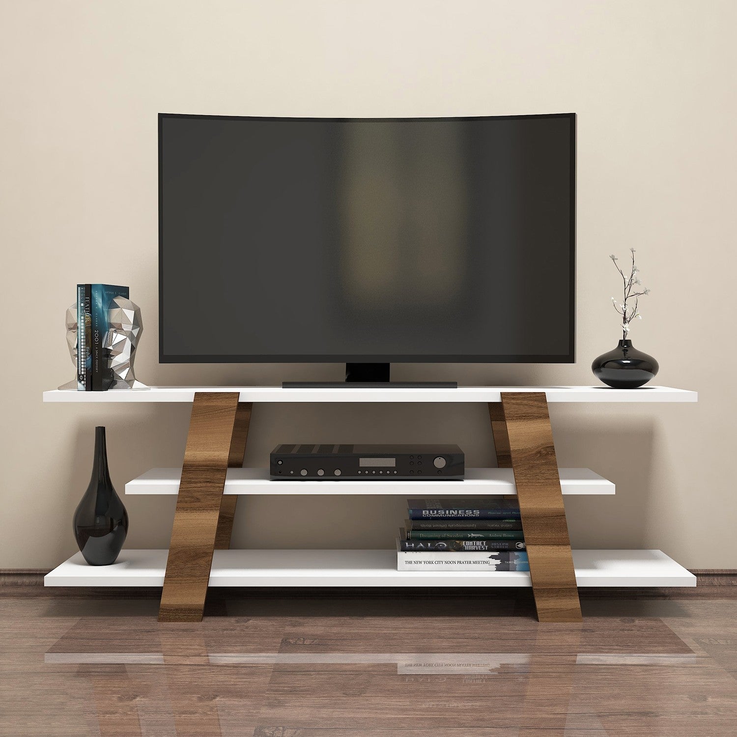 Suporte de TV moderno com opção de montagem na parede, nogueira e branco, 120 cm x 42 cm x 33,6 cm | 100% revestido em melamina, 18 mm de espessura, várias prateleiras para armazenamento com estilo