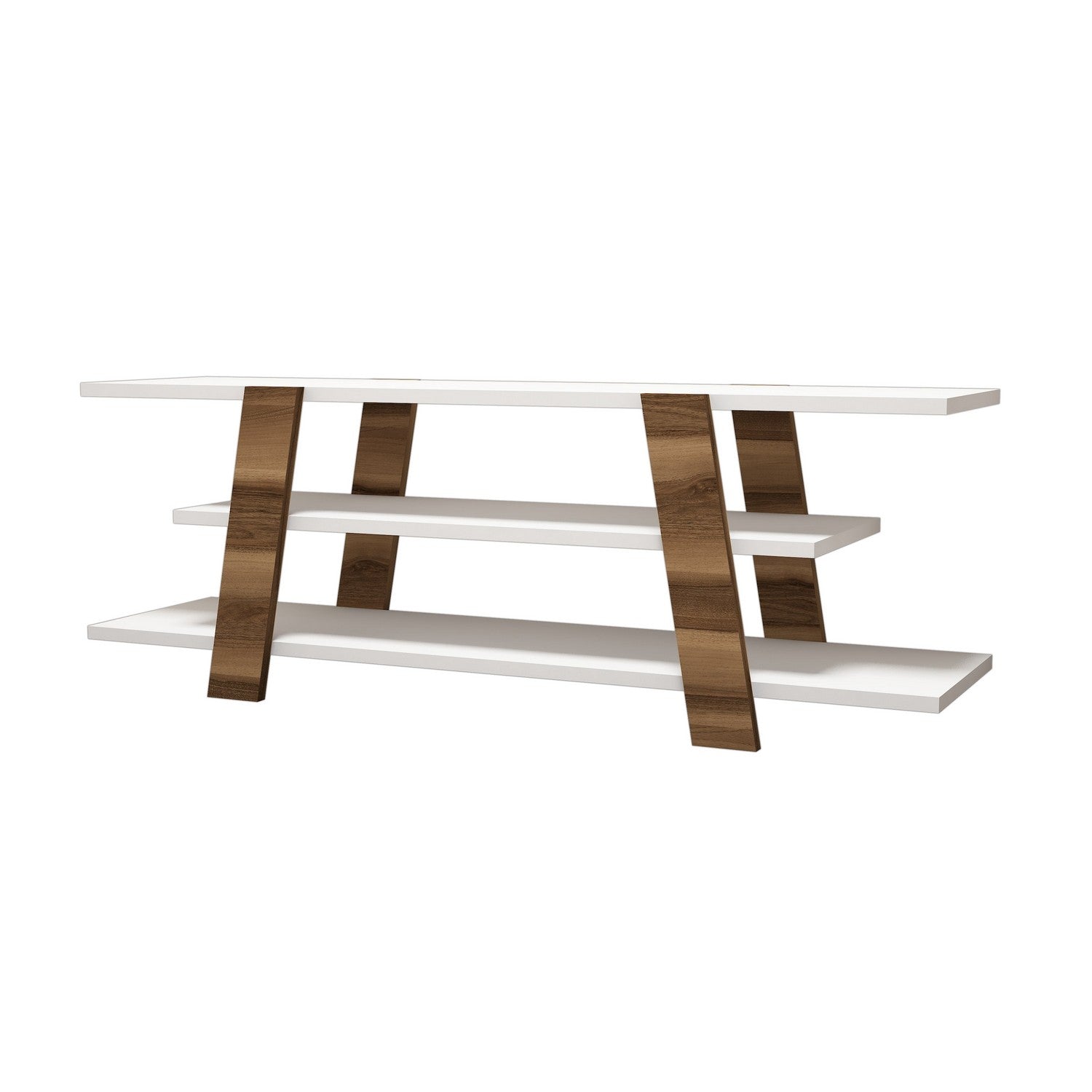 Suporte de TV moderno com opção de montagem na parede, nogueira e branco, 120 cm x 42 cm x 33,6 cm | 100% revestido em melamina, 18 mm de espessura, várias prateleiras para armazenamento com estilo