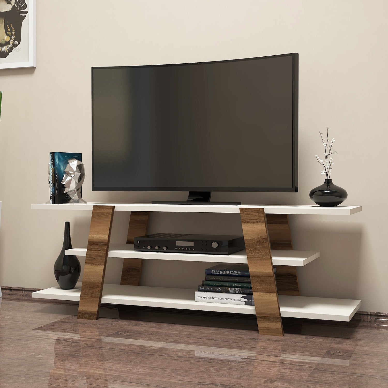 Suporte de TV moderno com opção de montagem na parede, nogueira e creme, 120 x 42 x 33,6 cm | 100% revestido em melamina, 18 mm de espessura, várias prateleiras para armazenamento elegante