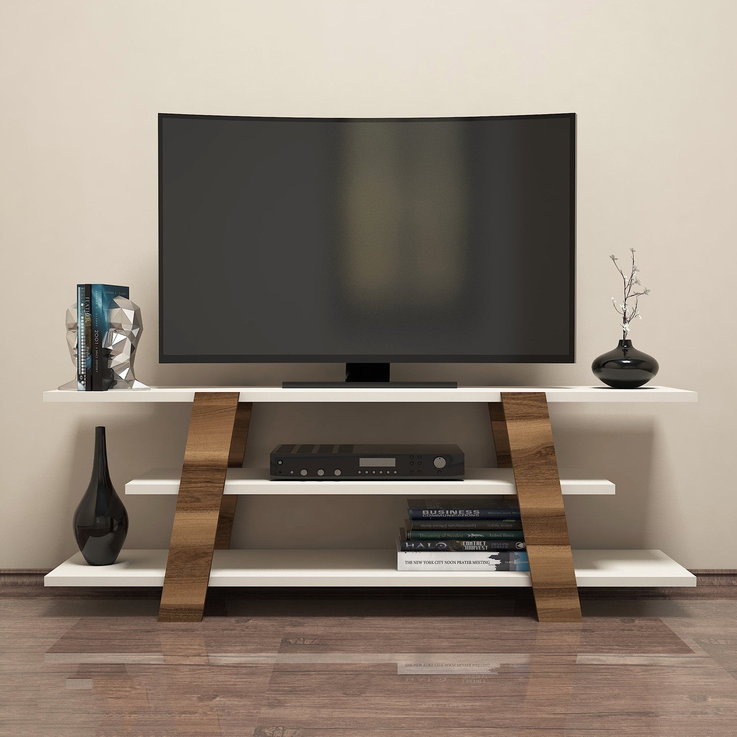Suporte de TV moderno com opção de montagem na parede, nogueira e creme, 120 x 42 x 33,6 cm | 100% revestido em melamina, 18 mm de espessura, várias prateleiras para armazenamento elegante