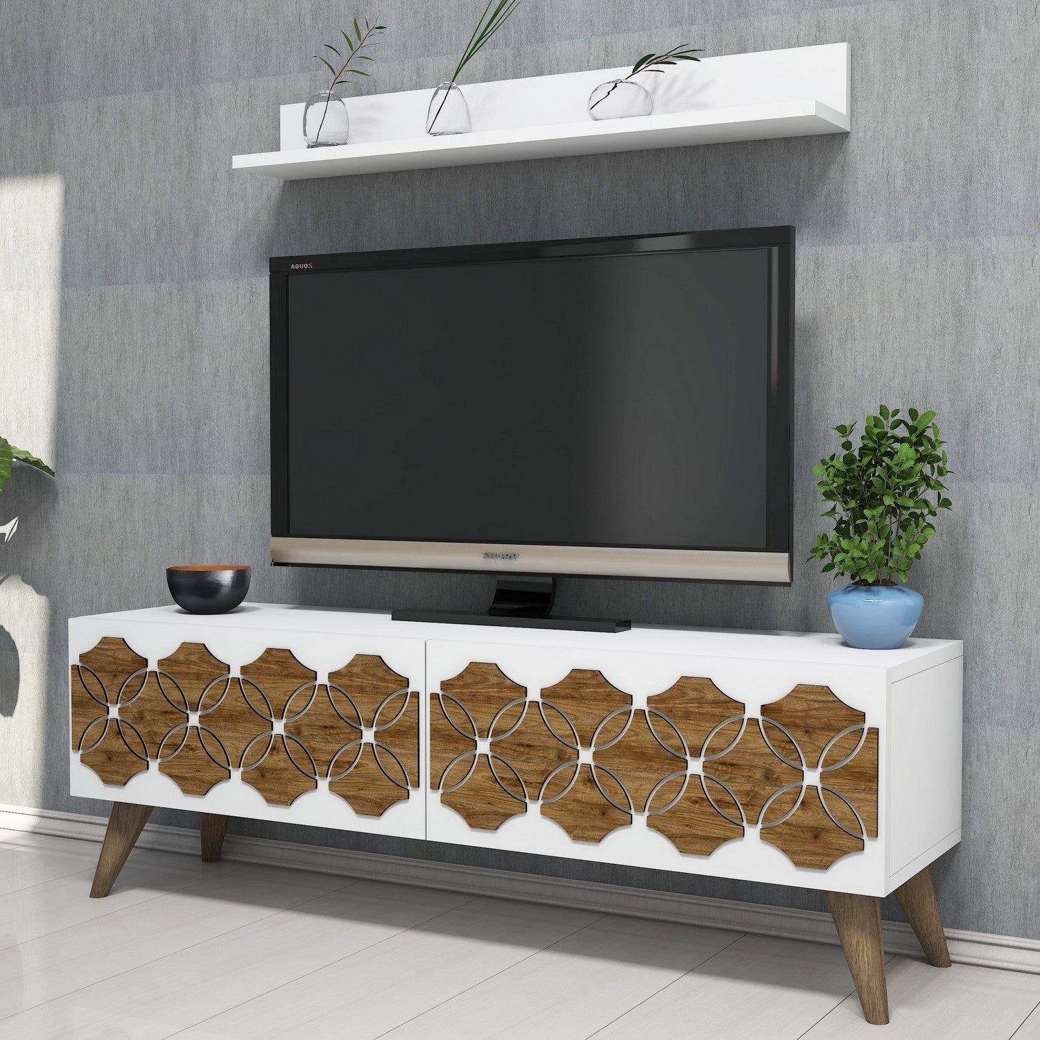 Móvel de TV moderno branco com prateleira de parede, 120 cm | Painel de partículas 100% revestido em melamina, 18 mm de espessura | Design elegante com várias prateleiras e pés de plástico