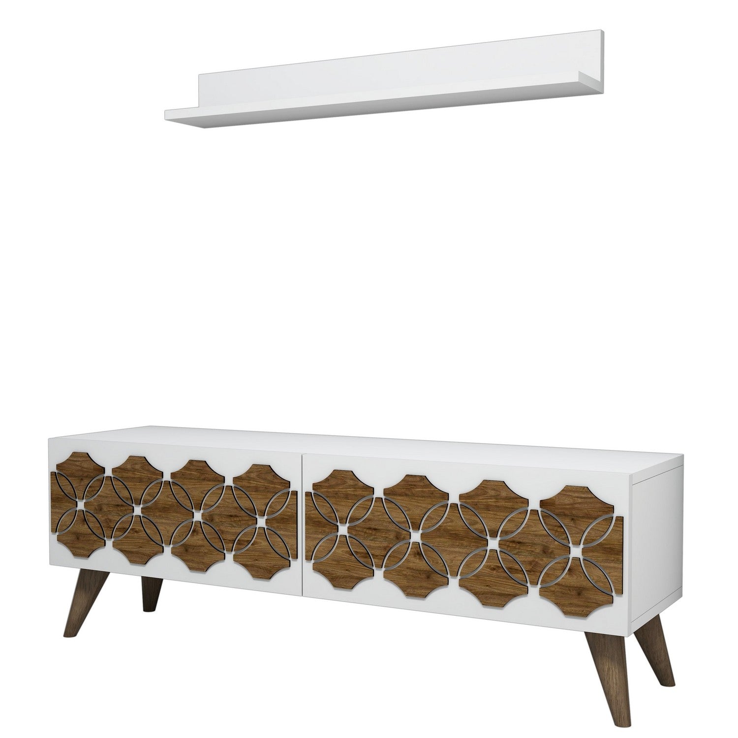 Móvel de TV moderno branco com prateleira de parede, 120 cm | Painel de partículas 100% revestido em melamina, 18 mm de espessura | Design elegante com várias prateleiras e pés de plástico