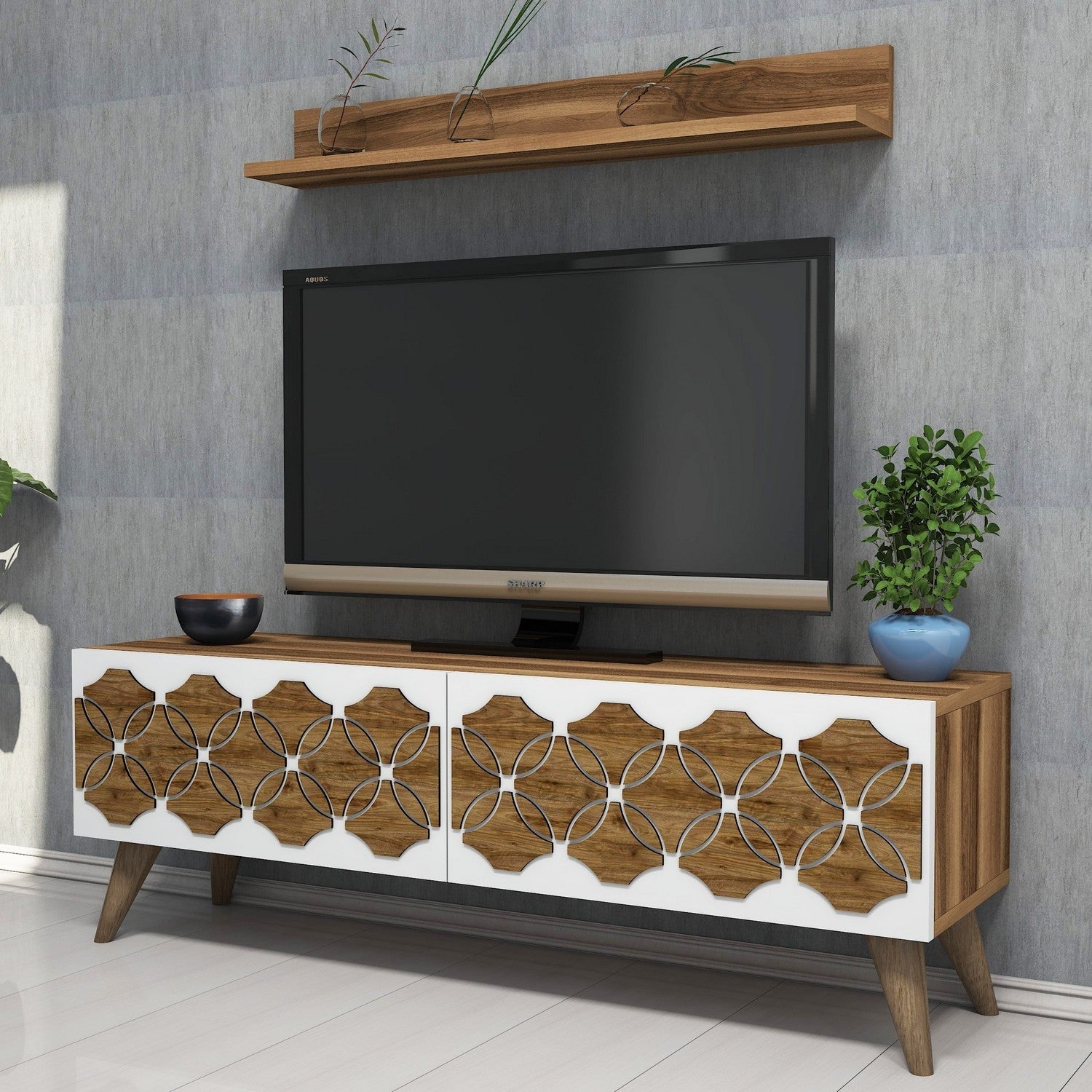 Móvel de TV moderno em nogueira com prateleira de parede, 120 cm | Painel de partículas 100% revestido em melamina, 18 mm de espessura | Design elegante com várias prateleiras e montagem na parede