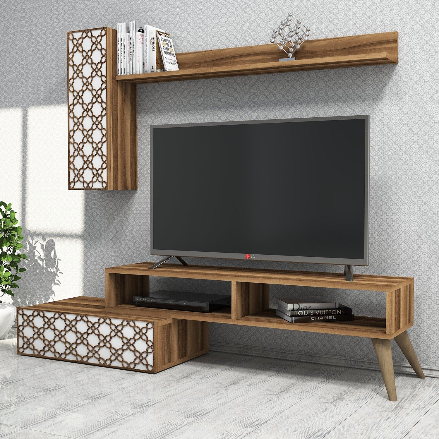 Móvel de TV moderno com prateleira de parede e armário, nogueira e branco, 150 cm | 100% revestido em melamina, 18 mm de espessura | Solução de armazenamento elegante para sala de estar