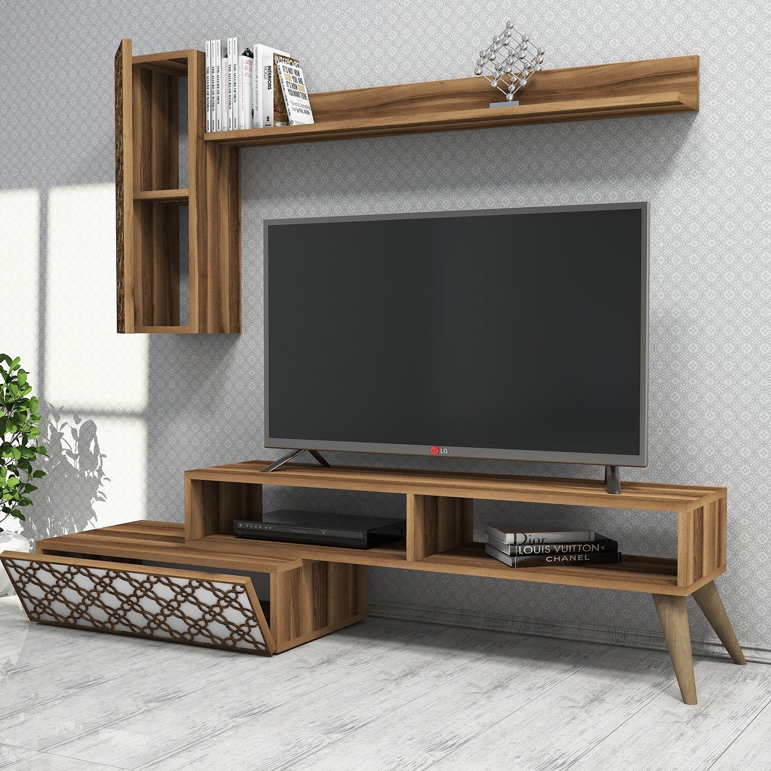 Móvel de TV moderno com prateleira de parede e armário, nogueira e branco, 150 cm | 100% revestido em melamina, 18 mm de espessura | Solução de armazenamento elegante para sala de estar