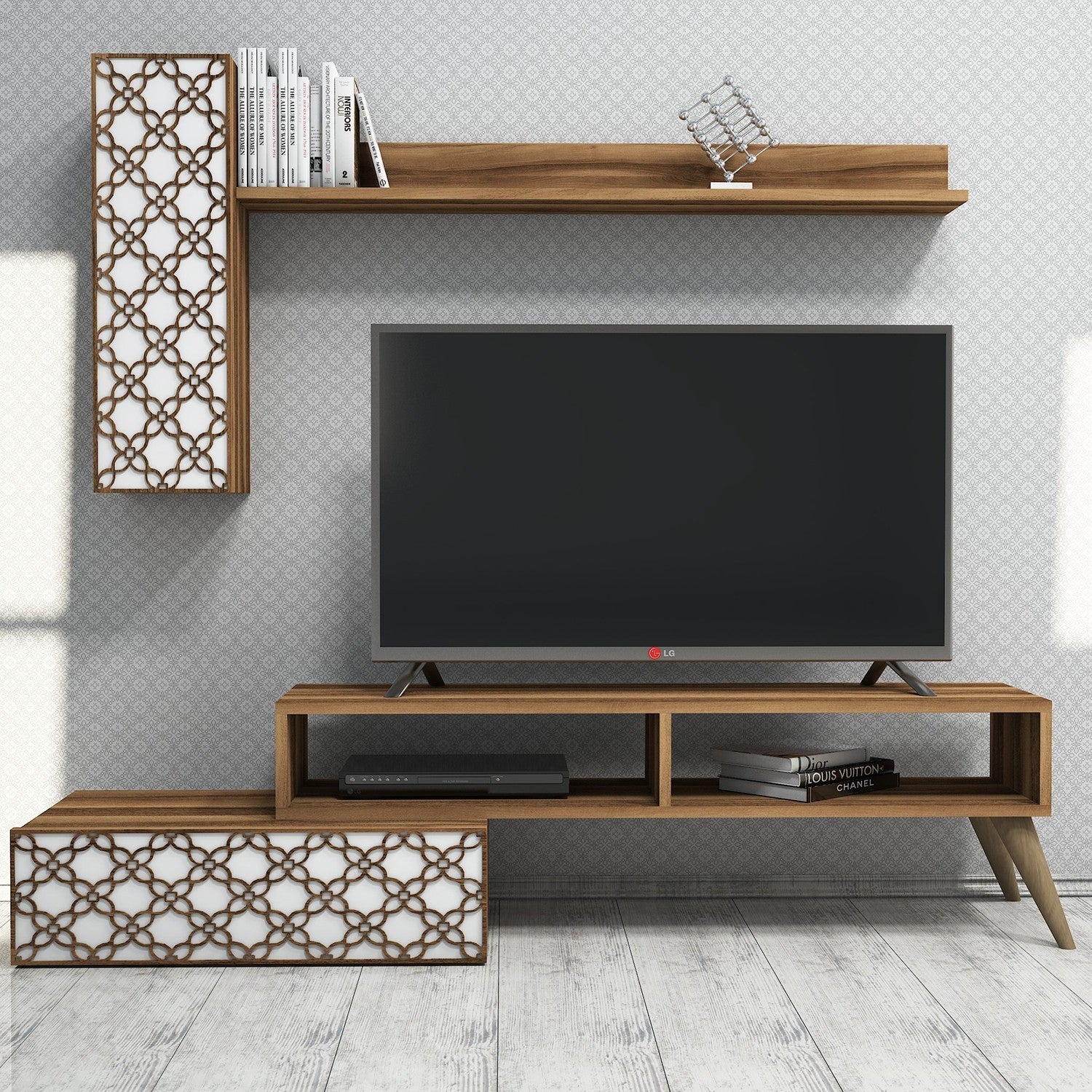 Móvel de TV moderno com prateleira de parede e armário, nogueira e branco, 150 cm | 100% revestido em melamina, 18 mm de espessura | Solução de armazenamento elegante para sala de estar