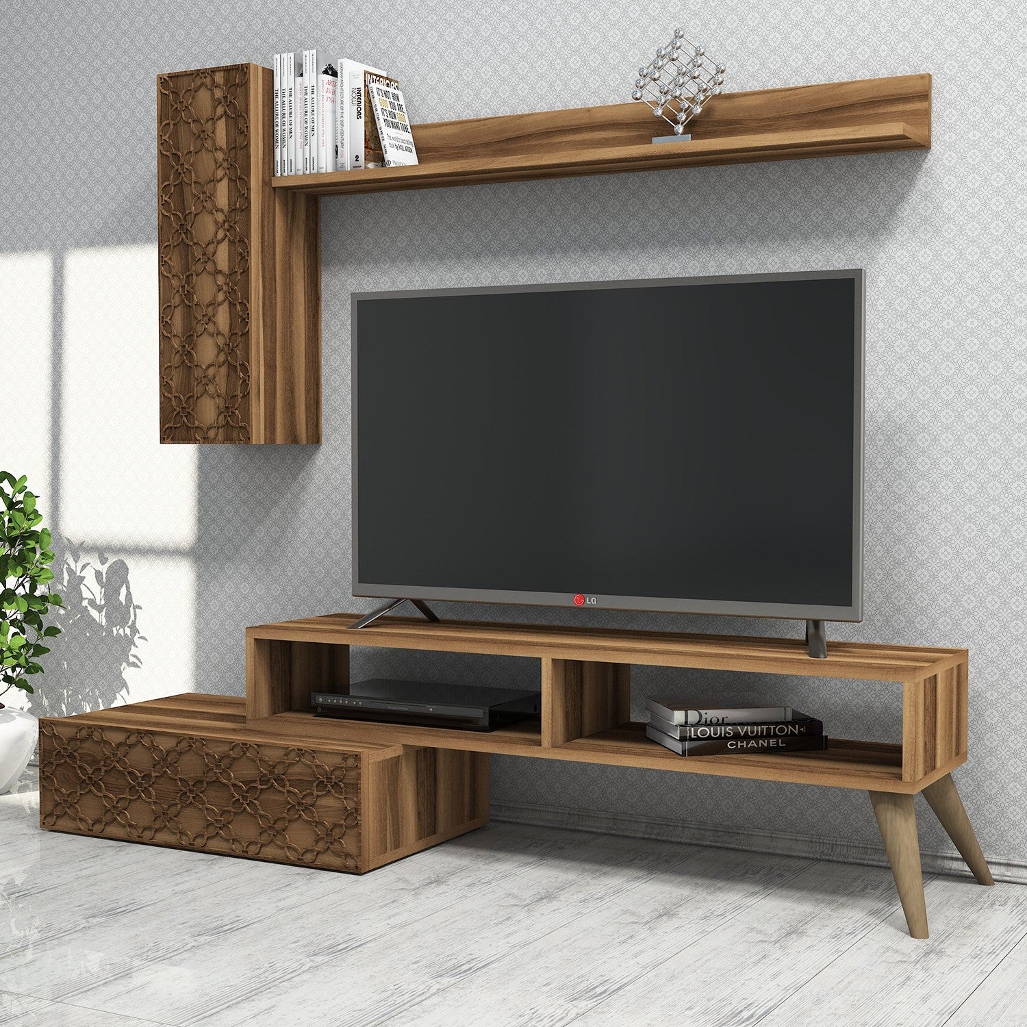 Móvel de TV moderno em nogueira com prateleira de parede e armário, 150 cm | 100% revestido em melamina, 18 mm de espessura | Design elegante com várias prateleiras, perfeito para sala de estar