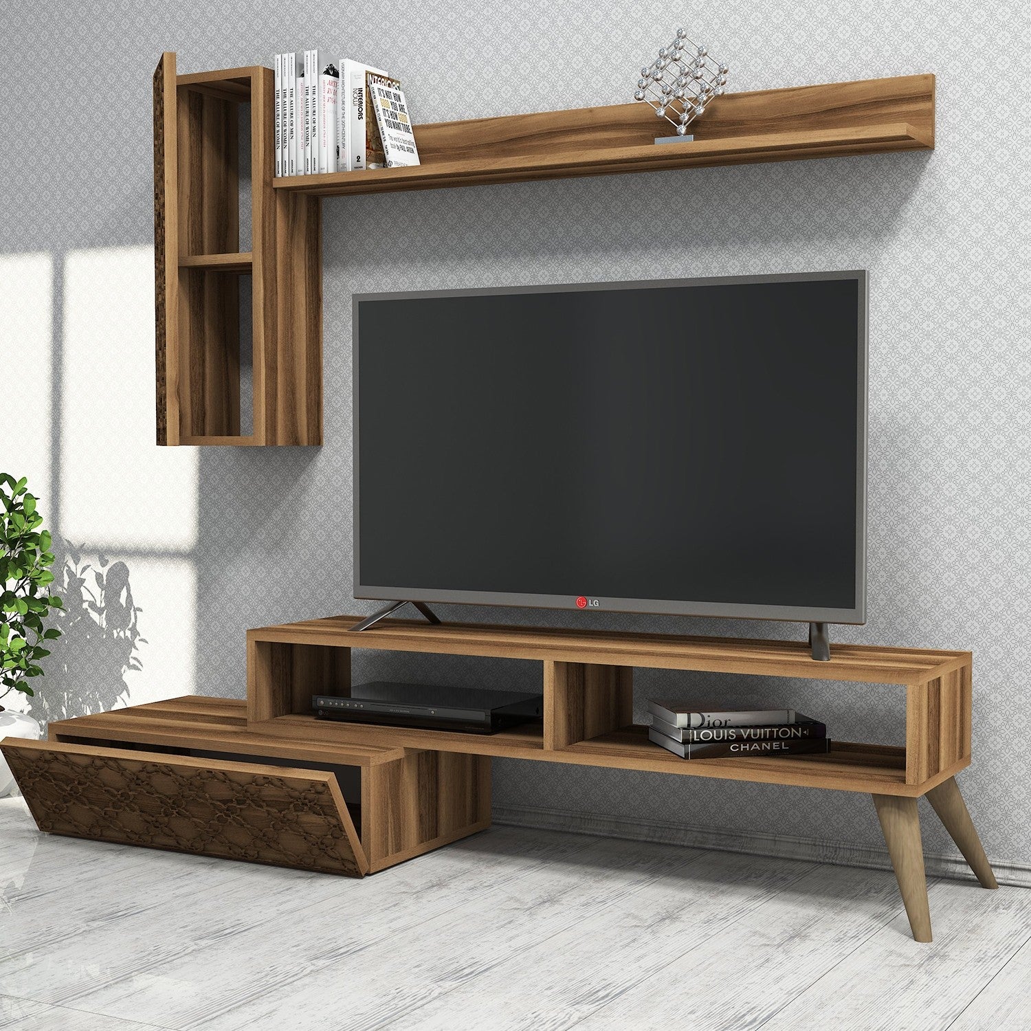 Móvel de TV moderno em nogueira com prateleira de parede e armário, 150 cm | 100% revestido em melamina, 18 mm de espessura | Design elegante com várias prateleiras, perfeito para sala de estar
