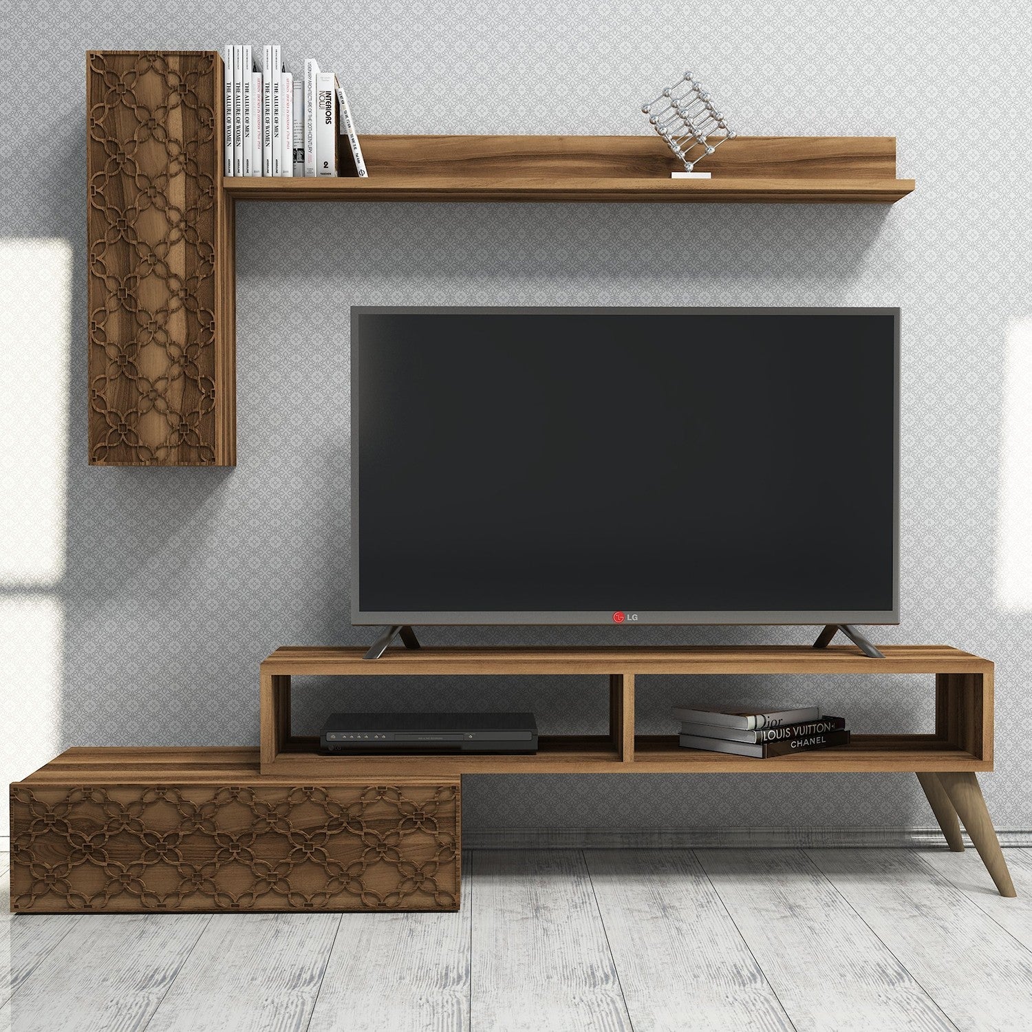 Móvel de TV moderno em nogueira com prateleira de parede e armário, 150 cm | 100% revestido em melamina, 18 mm de espessura | Design elegante com várias prateleiras, perfeito para sala de estar