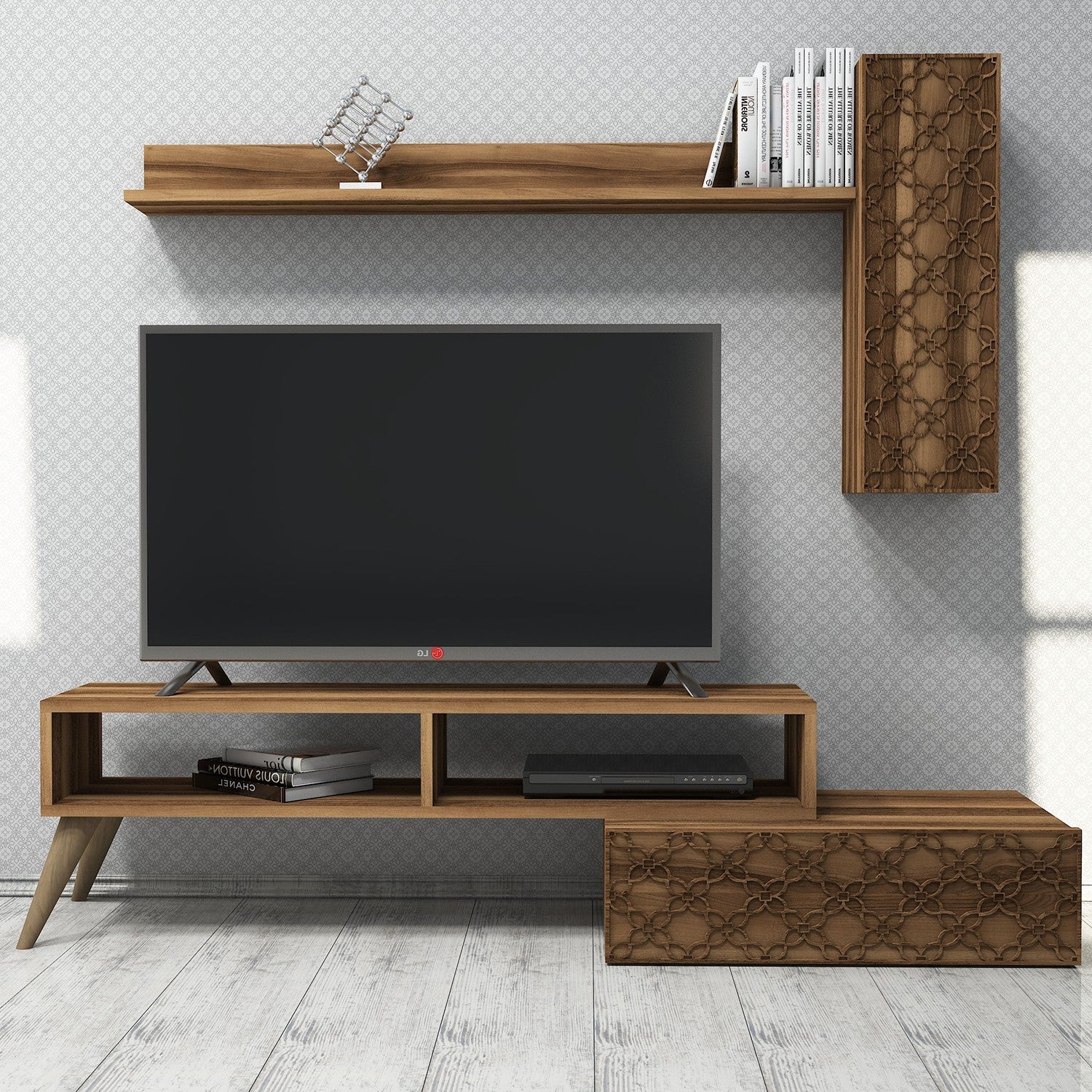 Móvel de TV moderno em nogueira com prateleira de parede e armário, 150 cm | 100% revestido em melamina, 18 mm de espessura | Design elegante com várias prateleiras, perfeito para sala de estar