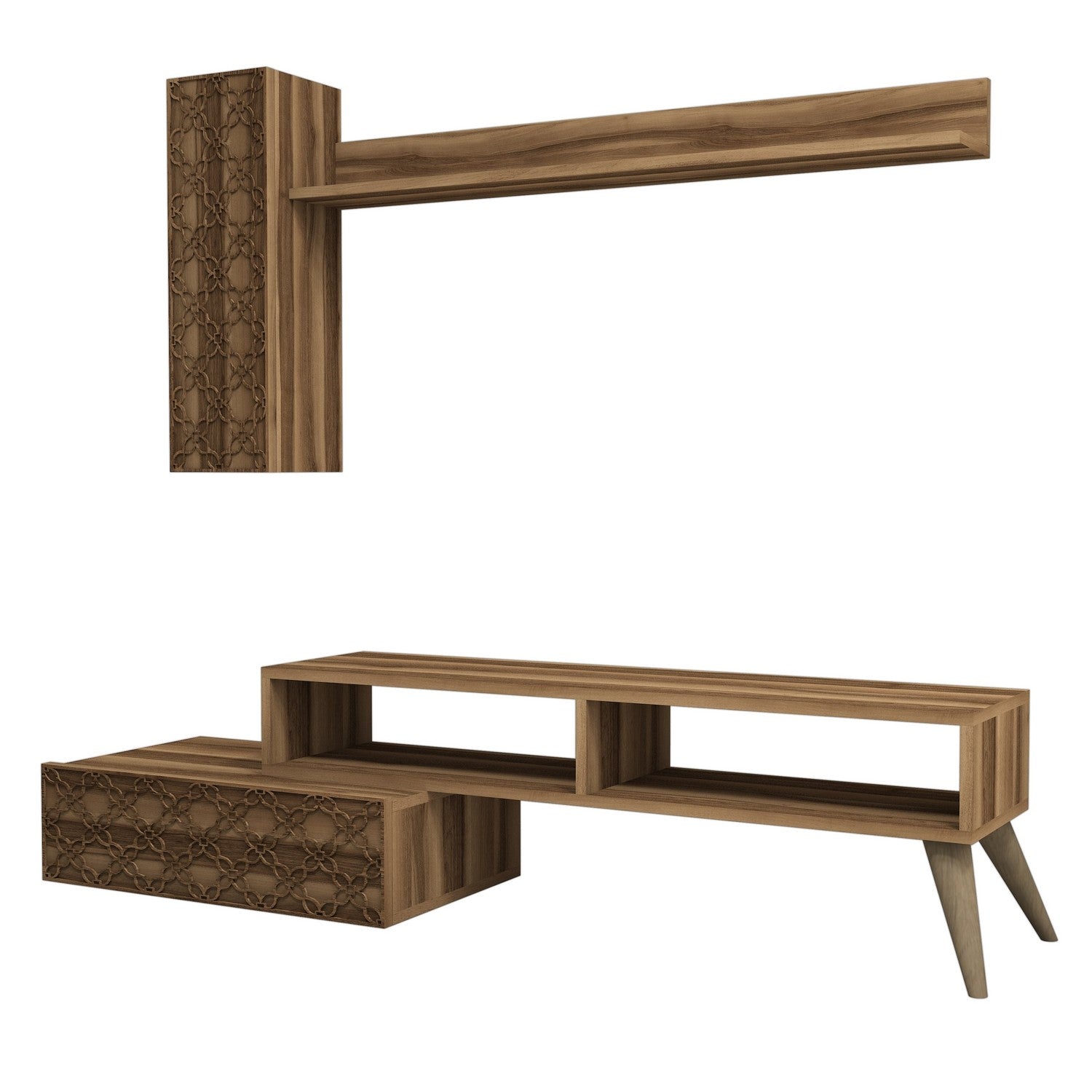 Móvel de TV moderno em nogueira com prateleira de parede e armário, 150 cm | 100% revestido em melamina, 18 mm de espessura | Design elegante com várias prateleiras, perfeito para sala de estar