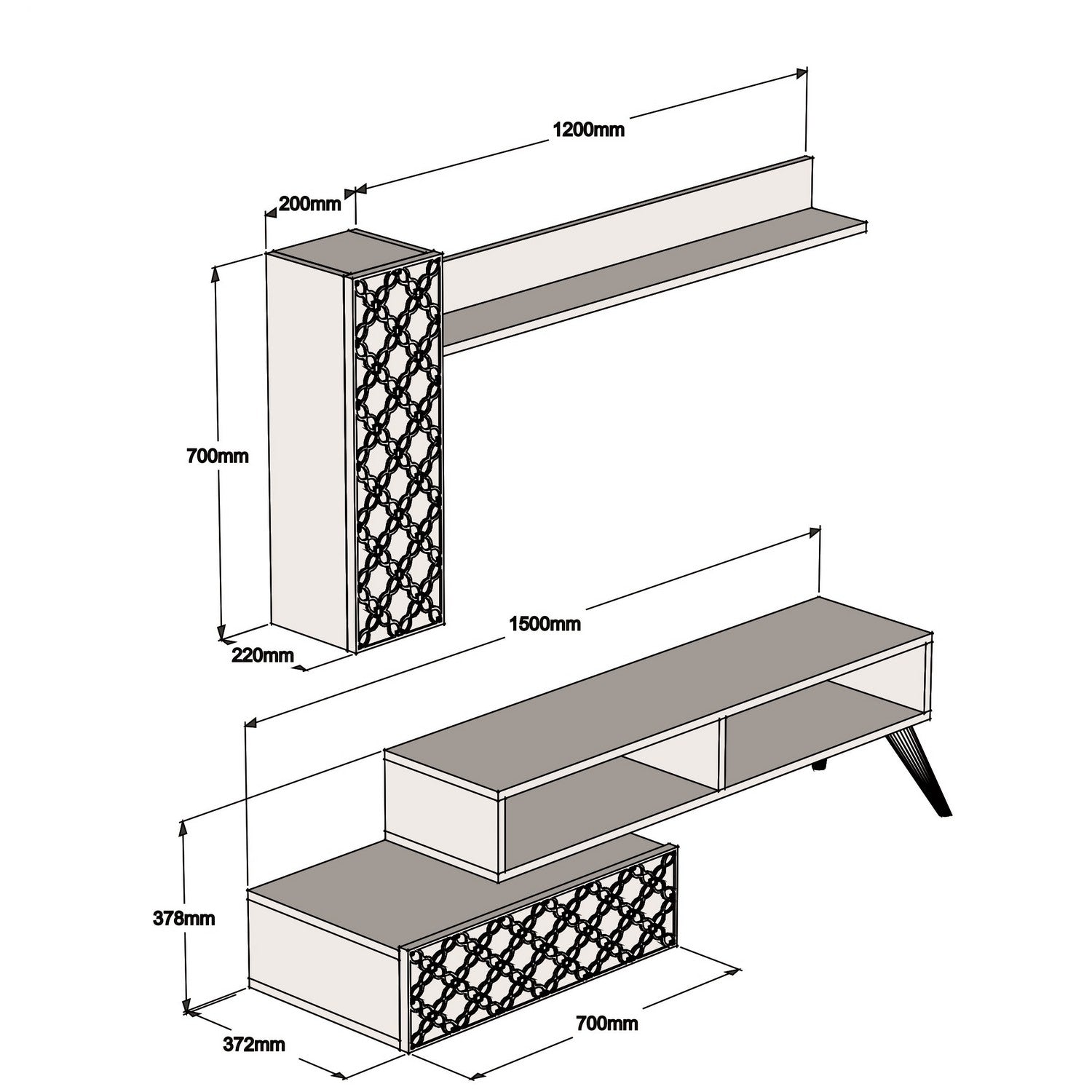 Móvel de TV moderno em nogueira com prateleira de parede e armário, 150 cm | 100% revestido em melamina, 18 mm de espessura | Design elegante com várias prateleiras, perfeito para sala de estar