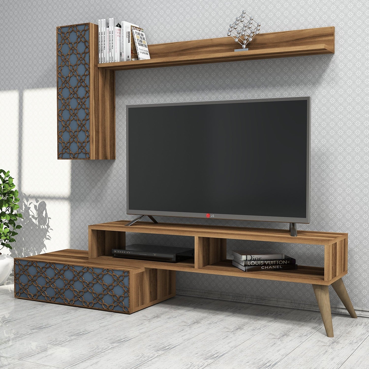 Móvel de TV moderno com prateleira de parede e armário, nogueira e calcedônia, 150 cm | 100% revestido em melamina, 18 mm de espessura | Design elegante com várias prateleiras