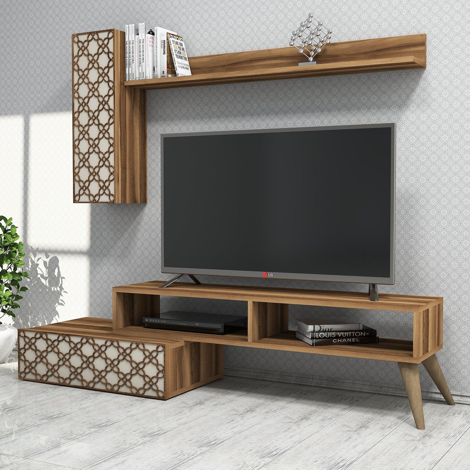 Móvel de TV moderno com prateleira de parede e armário, nogueira e creme, 150 cm | 100% revestido em melamina, 18 mm de espessura | Solução de armazenamento elegante para sala de estar