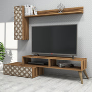 Móvel de TV moderno com prateleira de parede e armário, nogueira e creme, 150 cm | 100% revestido em melamina, 18 mm de espessura | Solução de armazenamento elegante para sala de estar