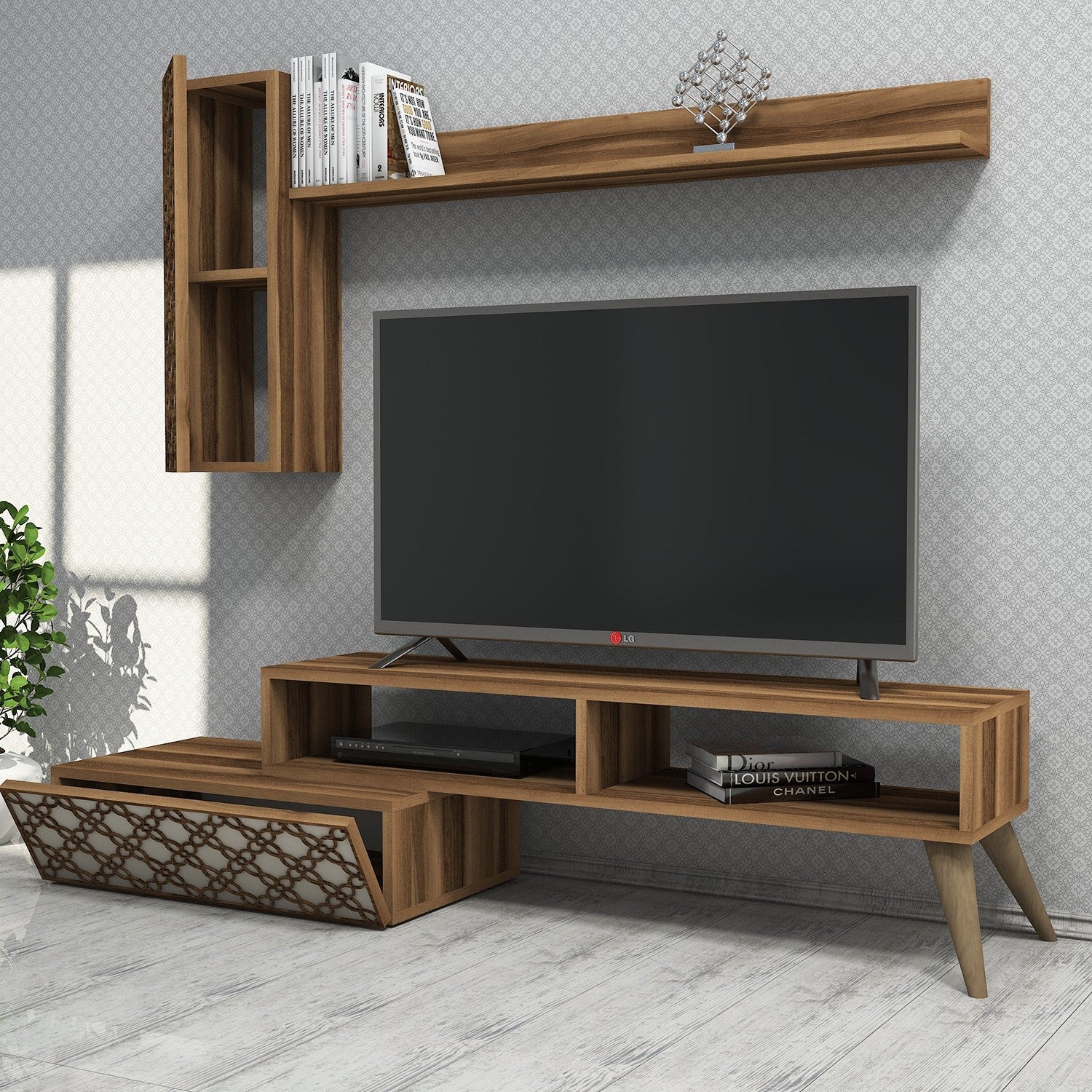 Móvel de TV moderno com prateleira de parede e armário, nogueira e creme, 150 cm | 100% revestido em melamina, 18 mm de espessura | Solução de armazenamento elegante para sala de estar