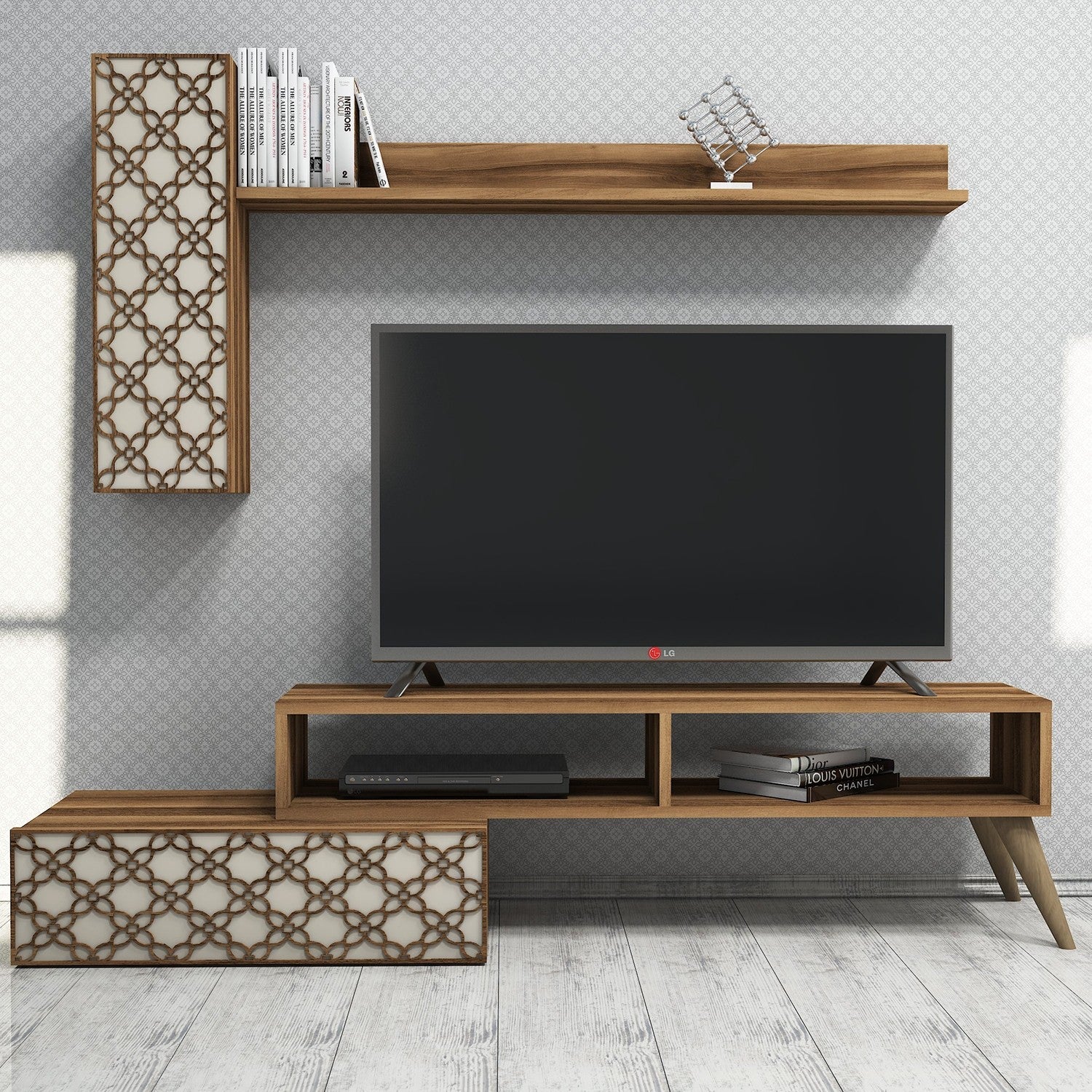 Móvel de TV moderno com prateleira de parede e armário, nogueira e creme, 150 cm | 100% revestido em melamina, 18 mm de espessura | Solução de armazenamento elegante para sala de estar