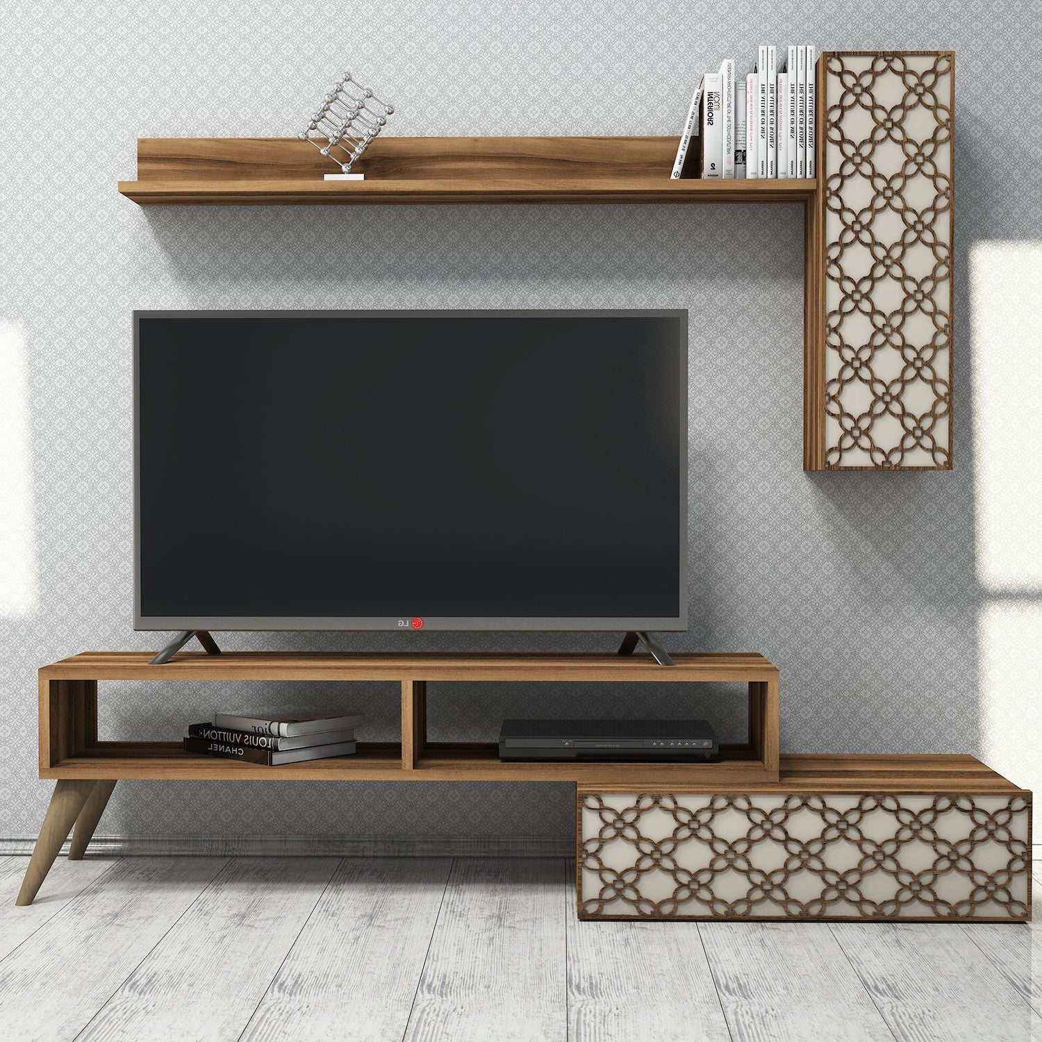Móvel de TV moderno com prateleira de parede e armário, nogueira e creme, 150 cm | 100% revestido em melamina, 18 mm de espessura | Solução de armazenamento elegante para sala de estar